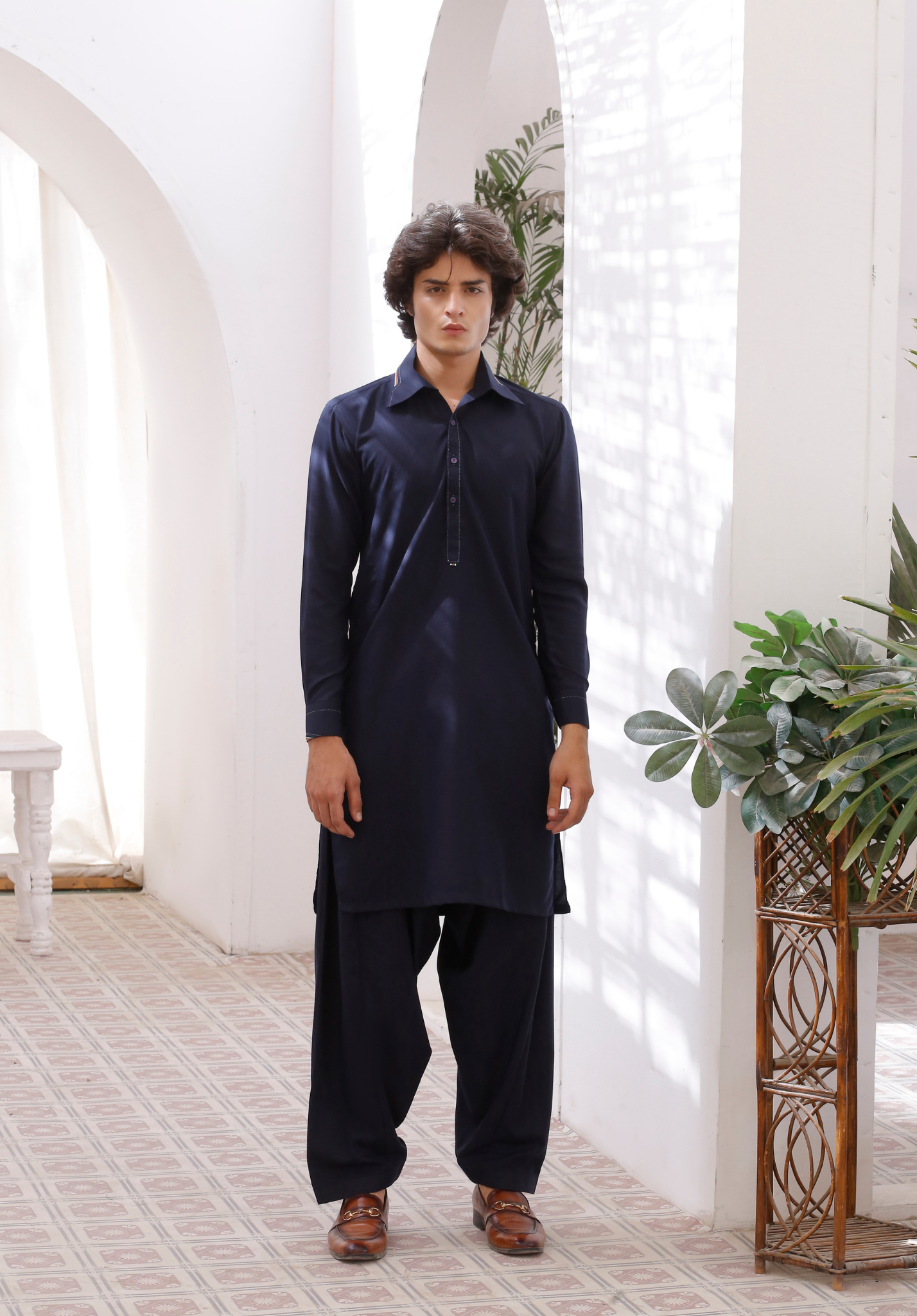 Navy Blue Contrast Stitch Cotton-Blend Shalwar Kameez (2-Piece) - Image 2