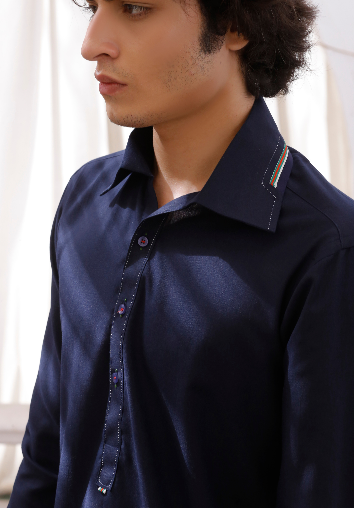 Navy Blue Contrast Stitch Cotton-Blend Shalwar Kameez (2-Piece) - Image 4