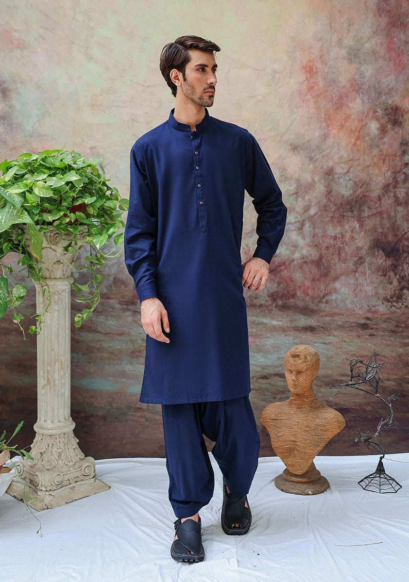 Navy Blue Cotton Classic Fit Shalwar Kameez (2-Piece) - Image 1