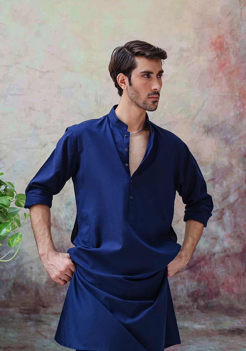 Navy Blue Cotton Classic Fit Shalwar Kameez (2-Piece) - Image 2