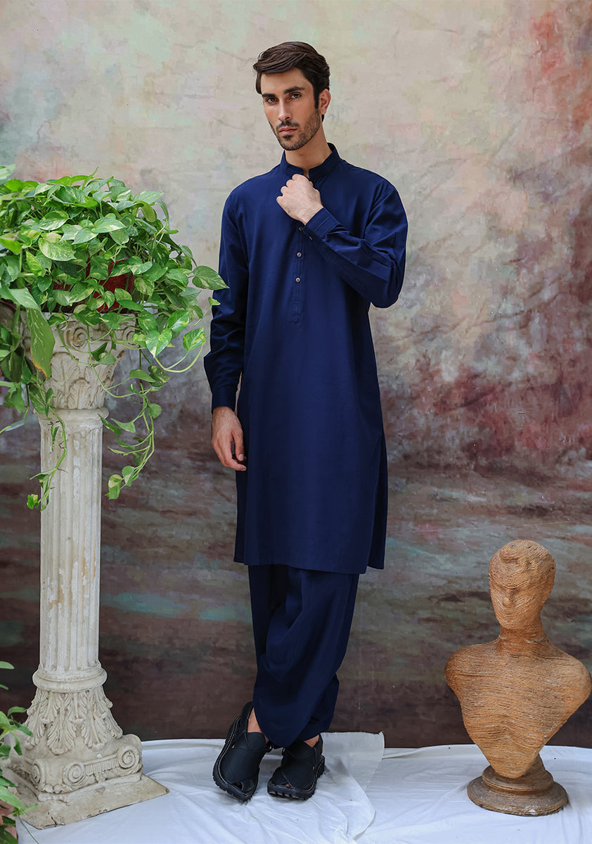 Navy Blue Cotton Classic Fit Shalwar Kameez (2-Piece) - Image 3