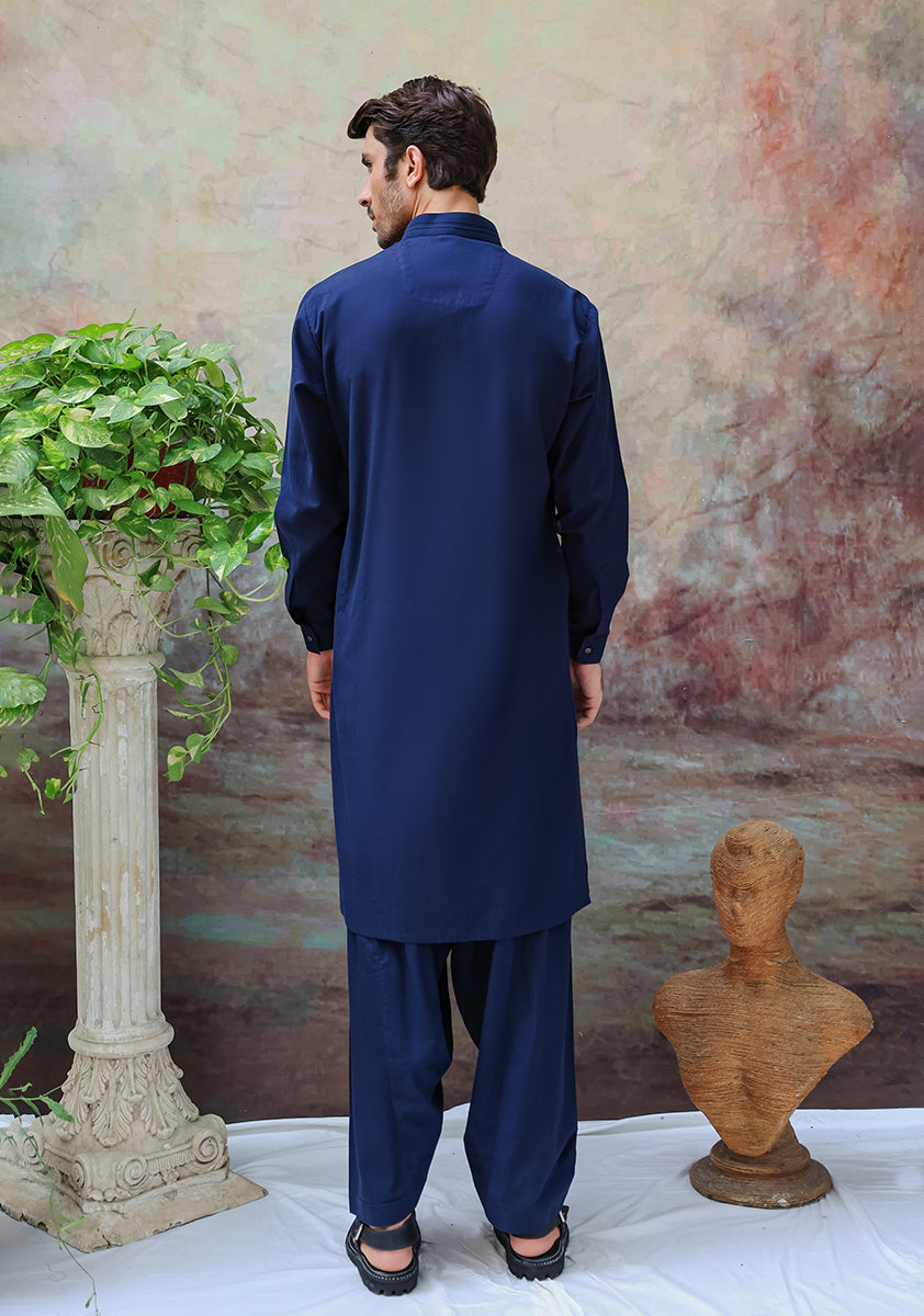 Navy Blue Cotton Classic Fit Shalwar Kameez (2-Piece) - Image 4