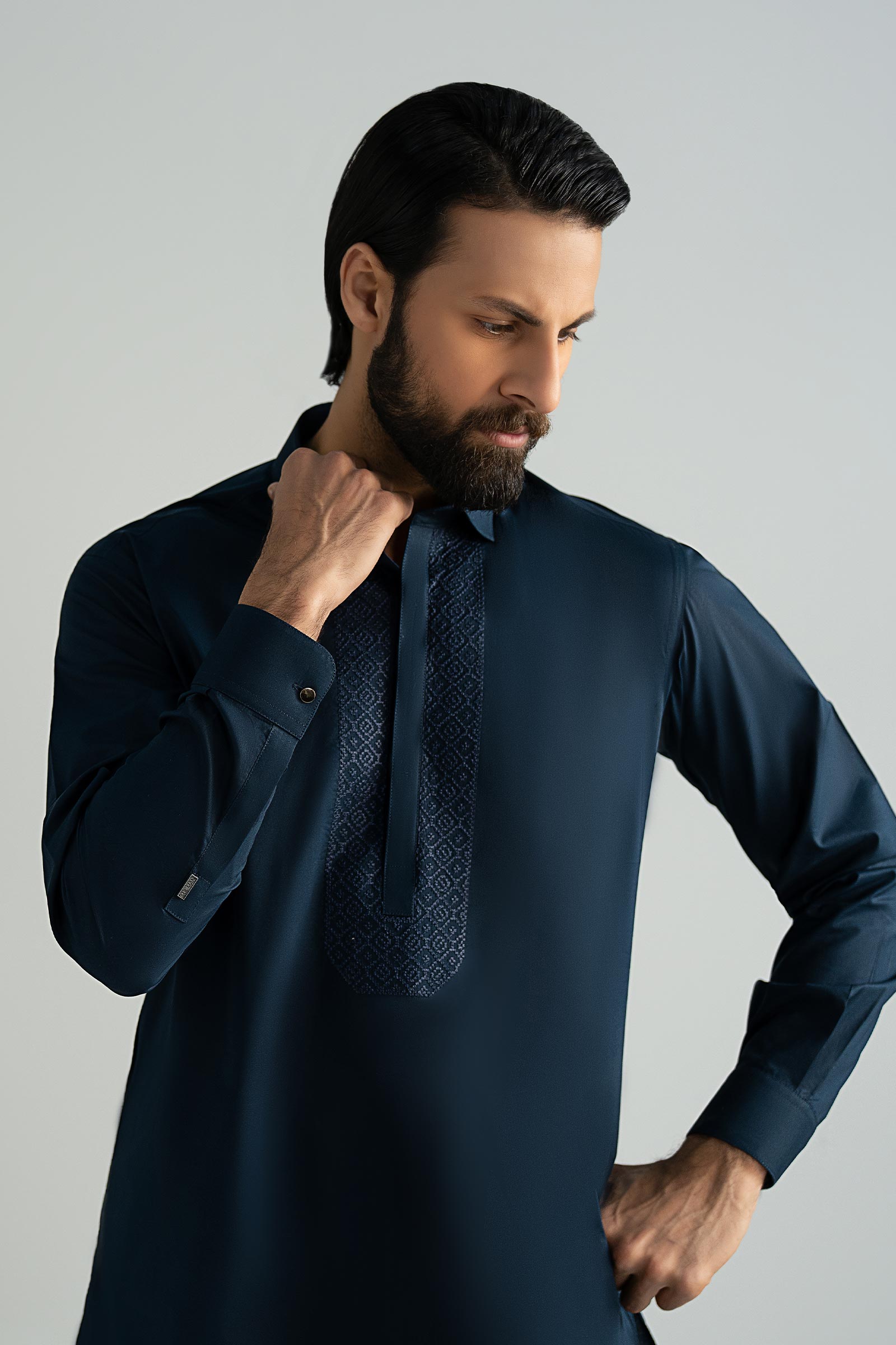 Navy Embroidered Cotton Kurta Shalwar (2-Piece) - Image 2