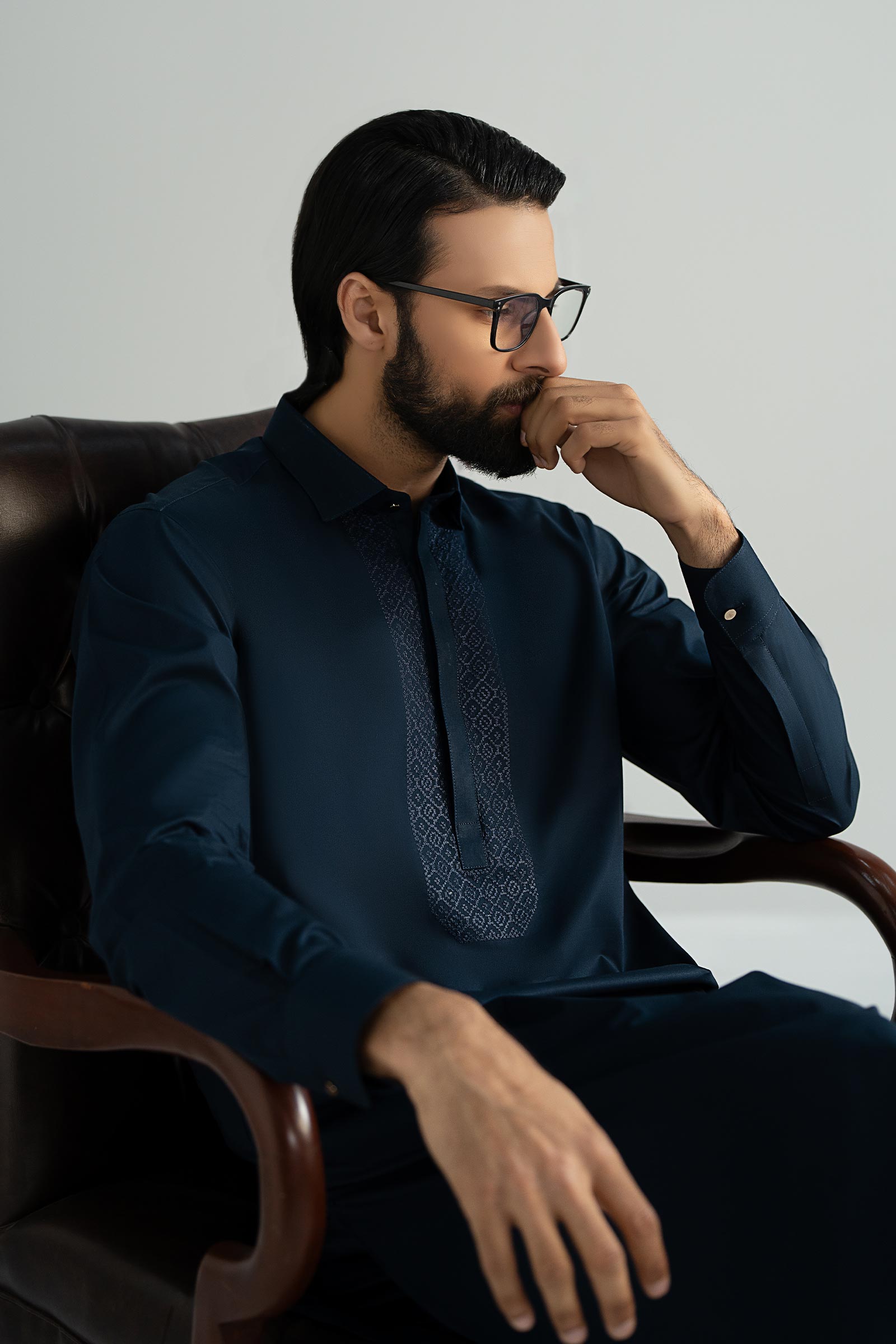Navy Embroidered Cotton Kurta Shalwar (2-Piece) - Image 3