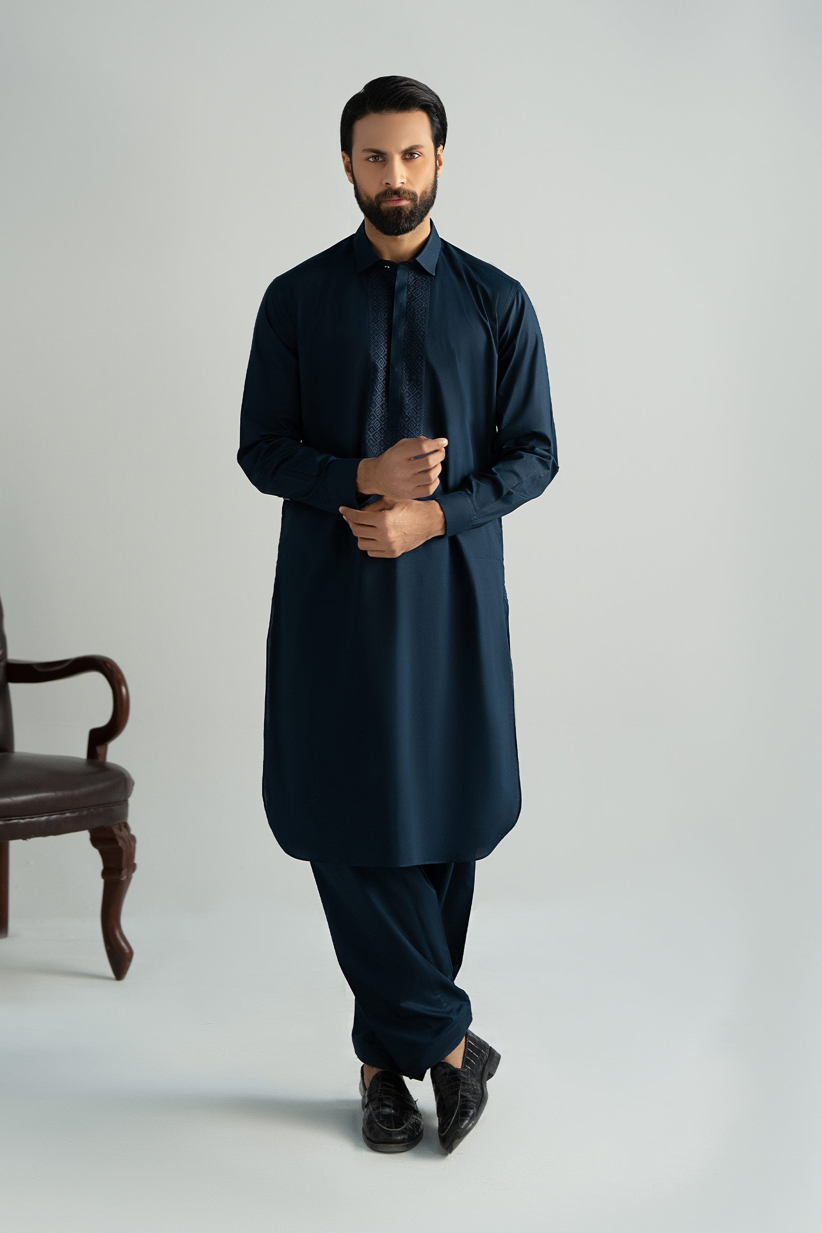 Navy Embroidered Cotton Kurta Shalwar (2-Piece) - Image 7