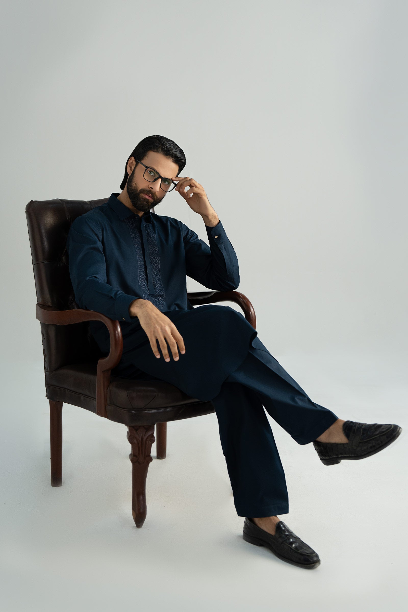 Navy Embroidered Cotton Kurta Shalwar (2-Piece) - Image 8