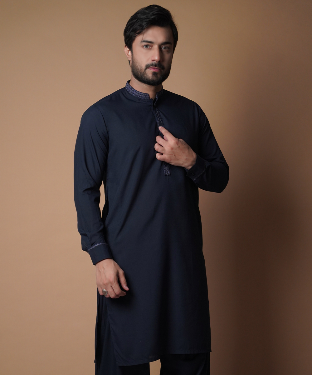 Navy Blue Embroidered Soft Cotton Shalwar Kameez (2-Piece) - Image 1