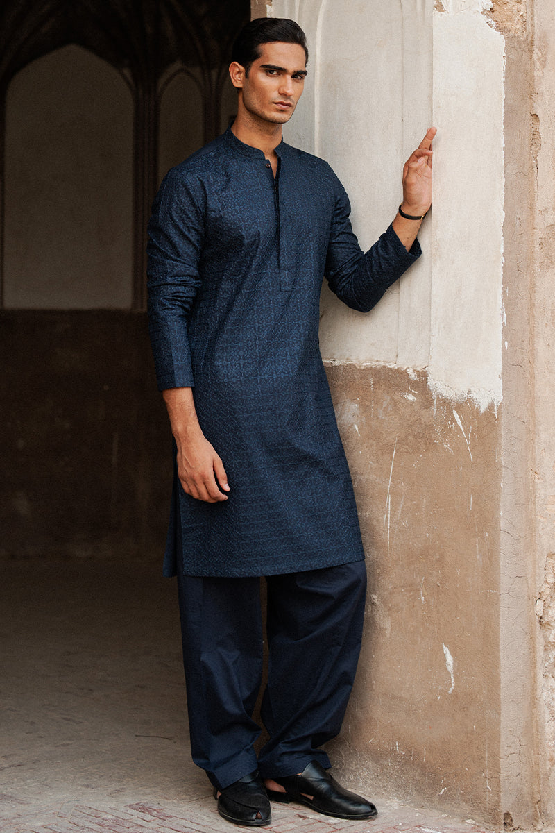 Navy Blue Geometric Embroidered Cotton Kurta Shalwar (2-Piece) - Image 1