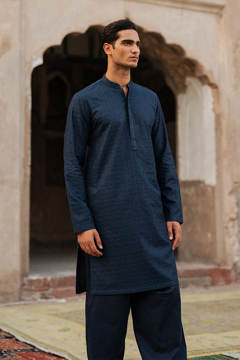 Navy Blue Geometric Embroidered Cotton Kurta Shalwar (2-Piece) - Image 2