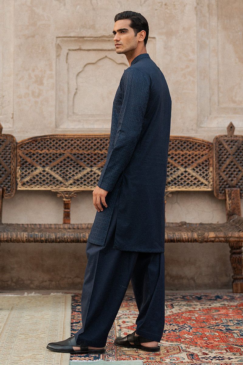 Navy Blue Geometric Embroidered Cotton Kurta Shalwar (2-Piece) - Image 5