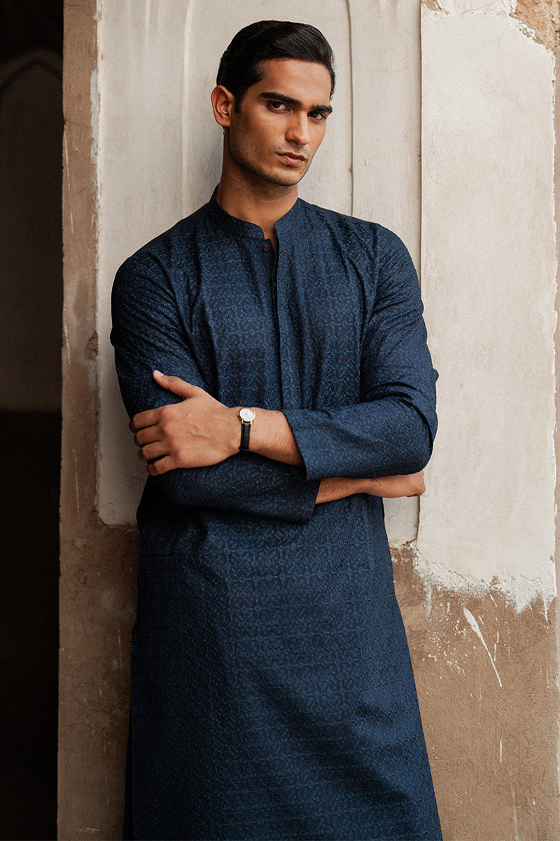 Navy Blue Geometric Embroidered Cotton Kurta Shalwar (2-Piece) - Image 6