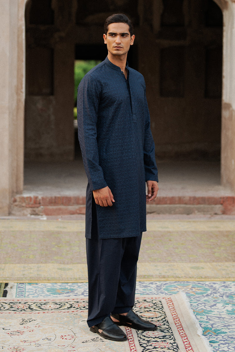 Navy Blue Geometric Embroidered Cotton Kurta Shalwar (2-Piece) - Image 7