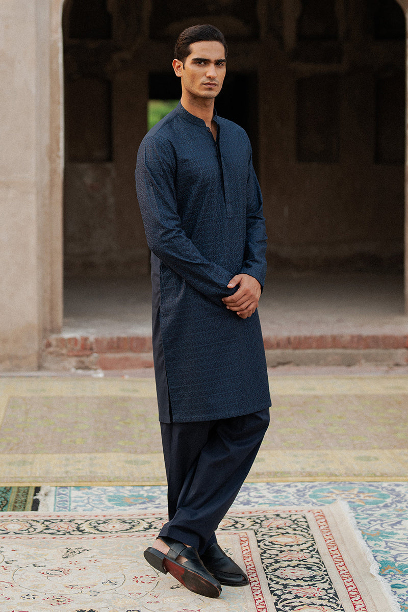 Navy Blue Geometric Embroidered Cotton Kurta Shalwar (2-Piece) - Image 8