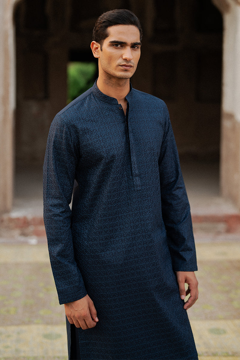 Navy Blue Geometric Embroidered Cotton Kurta Shalwar (2-Piece) - Image 9