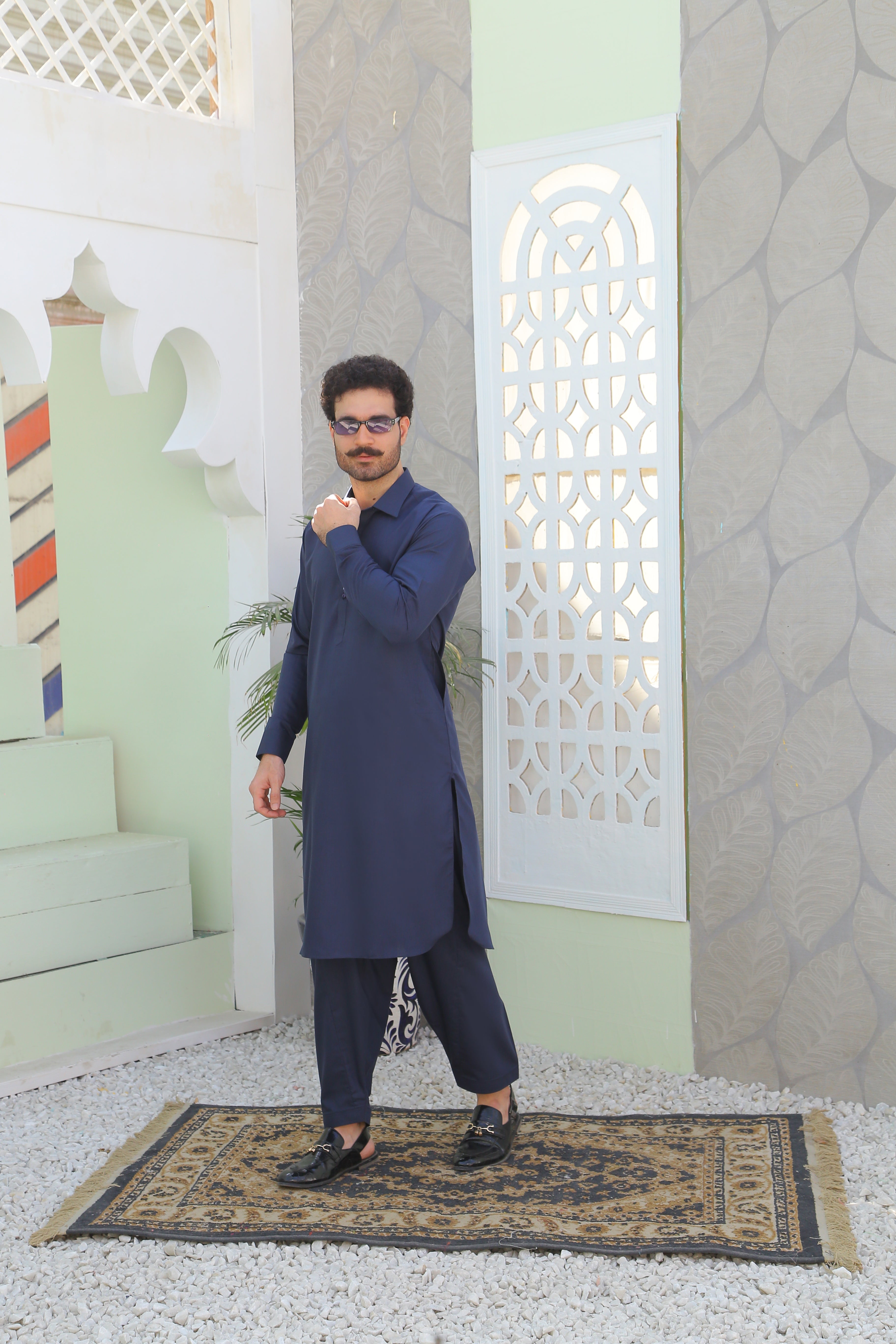 Navy Blue Plain Cotton-Polyester Kurta Shalwar (2-Piece) - Image 1