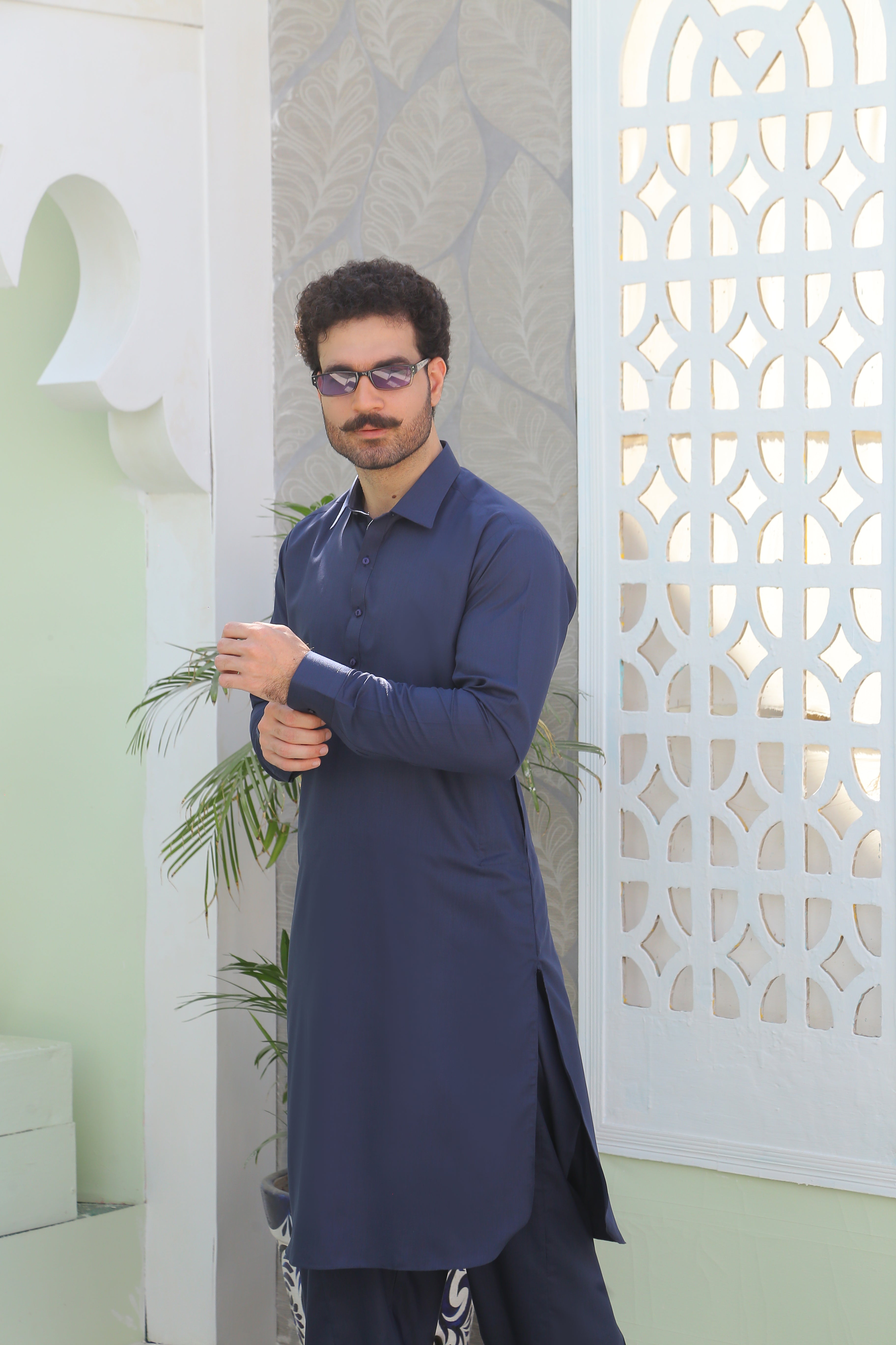 Navy Blue Plain Cotton-Polyester Kurta Shalwar (2-Piece) - Image 2