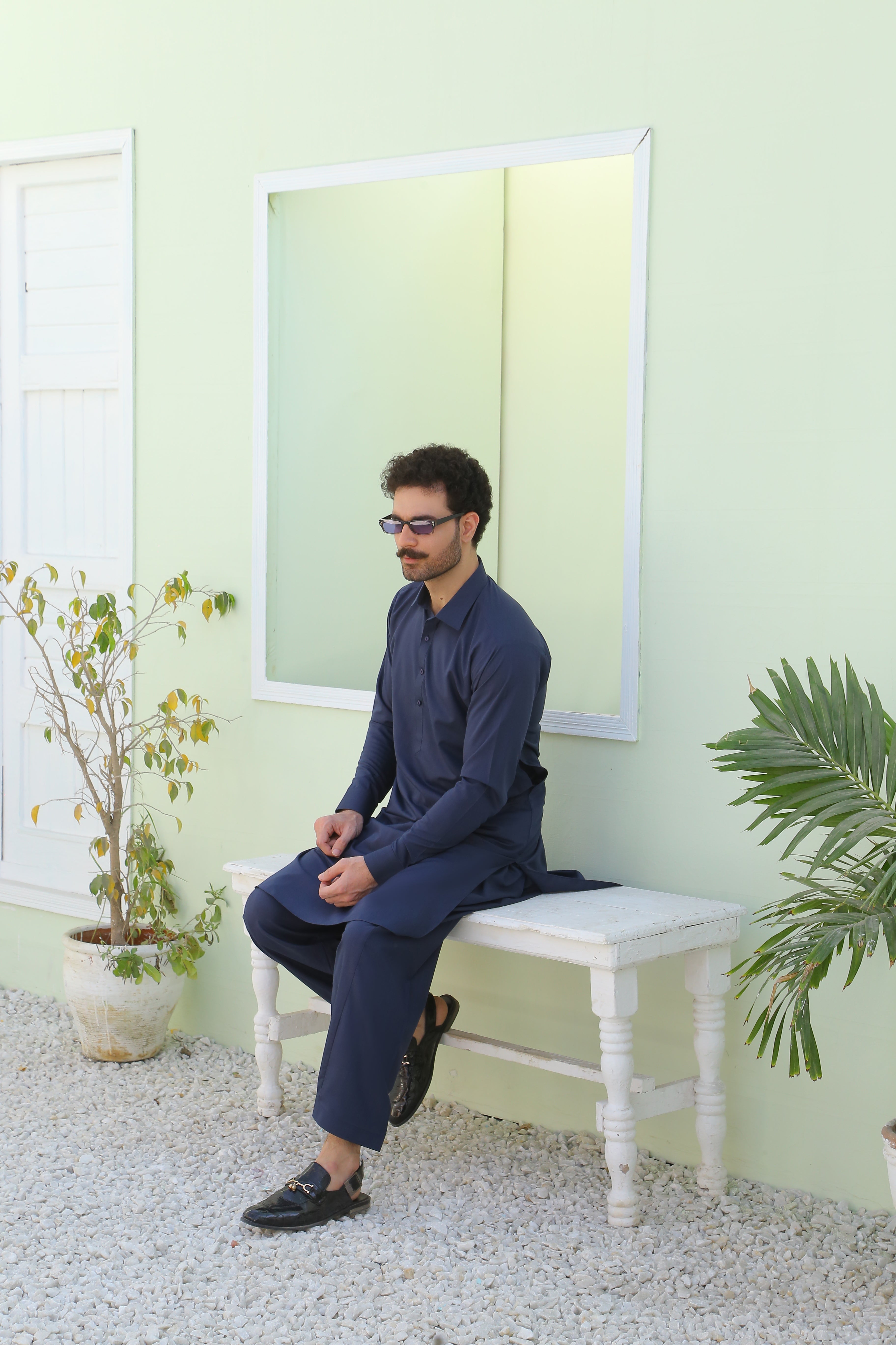 Navy Blue Plain Cotton-Polyester Kurta Shalwar (2-Piece) - Image 3