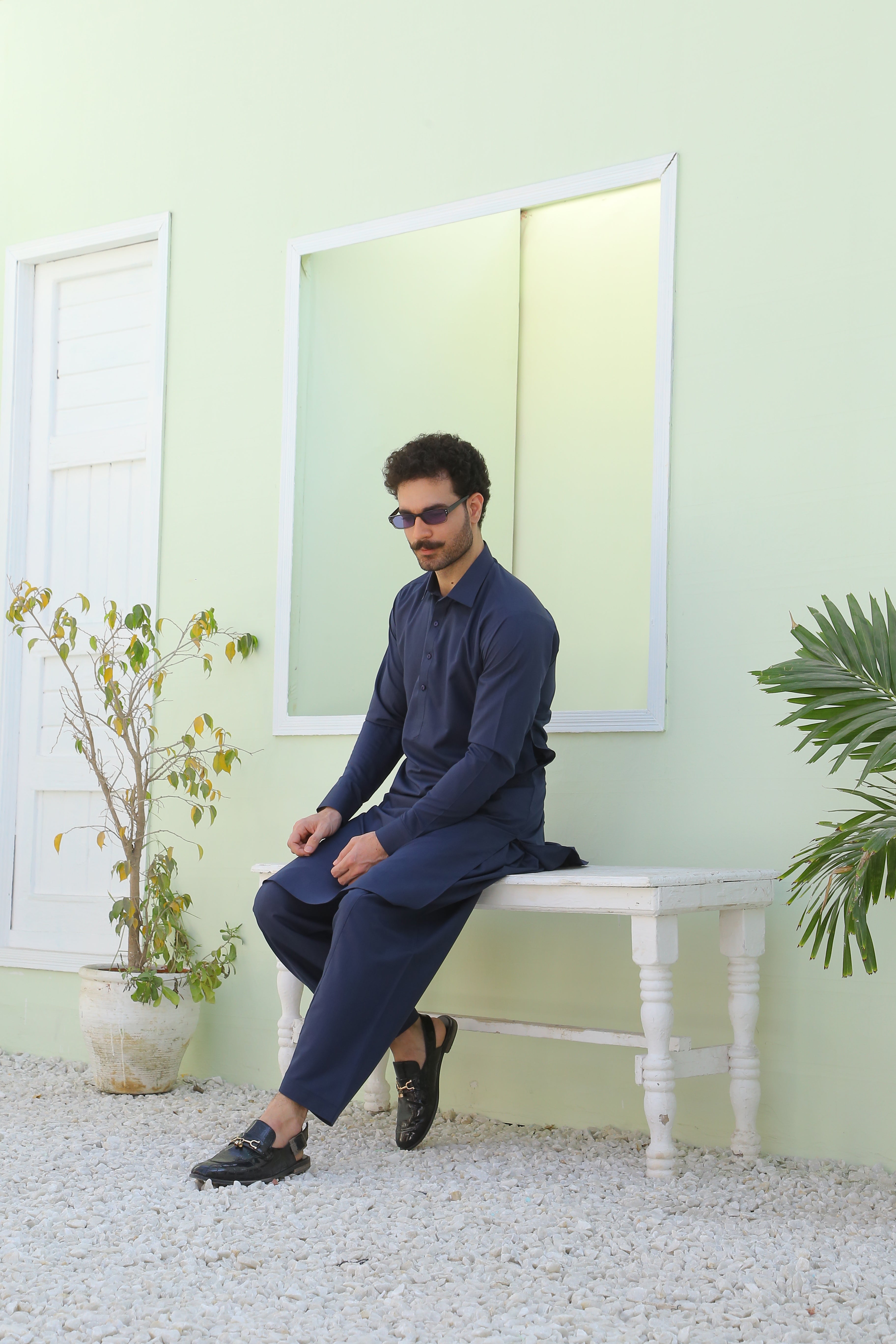 Navy Blue Plain Cotton-Polyester Kurta Shalwar (2-Piece) - Image 4