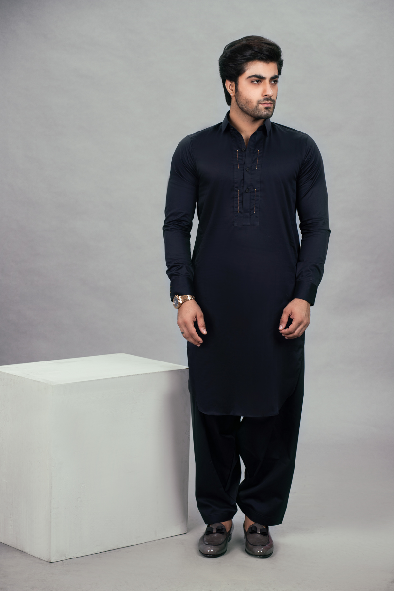 Navy Blue Stitch Detailed Cotton-Polyester Shalwar Kameez (2-Piece) - Image 1