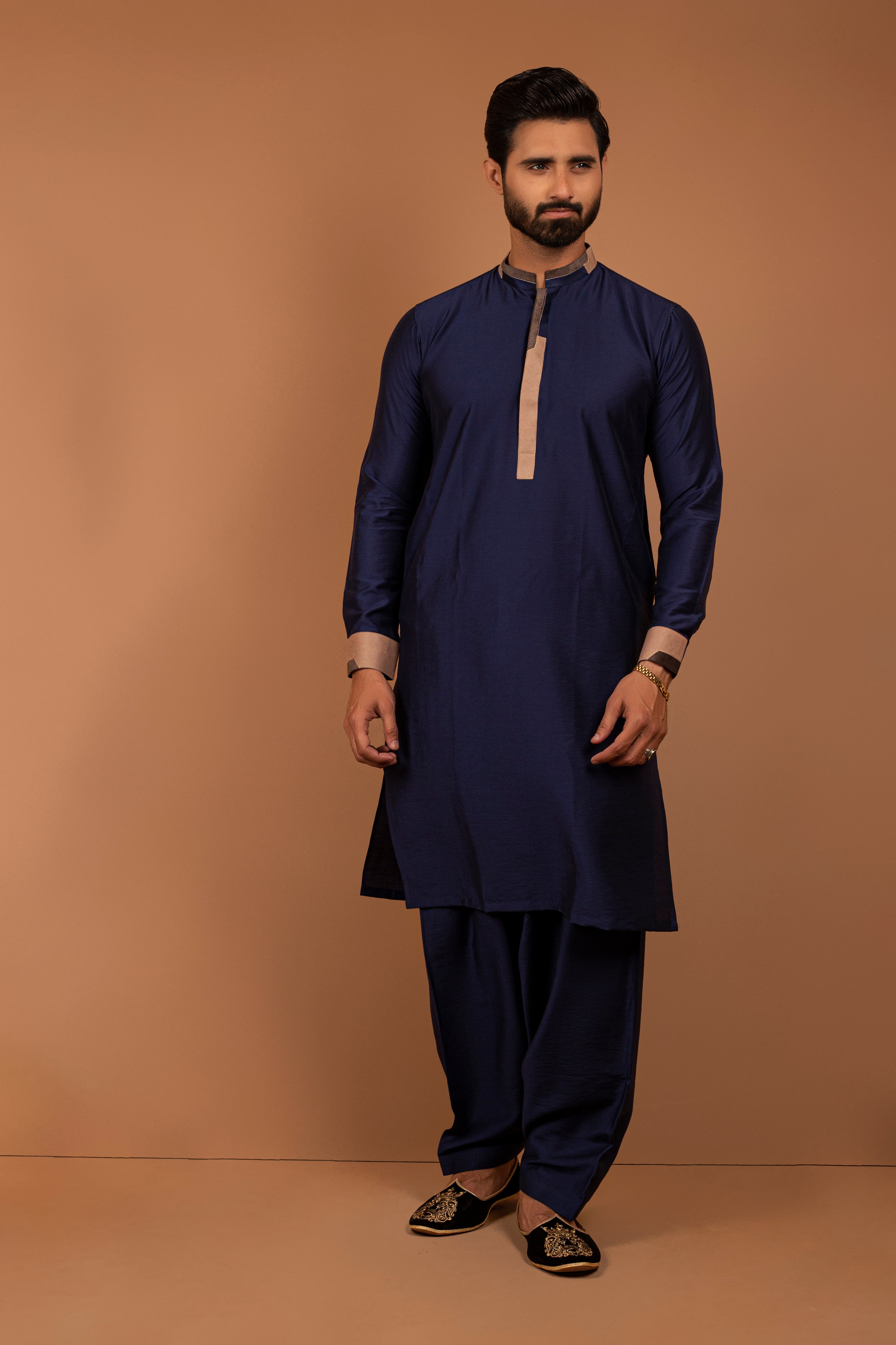Navy Blue Contrast Cotton-Silk Shalwar Kameez (2-Piece) - Image 1