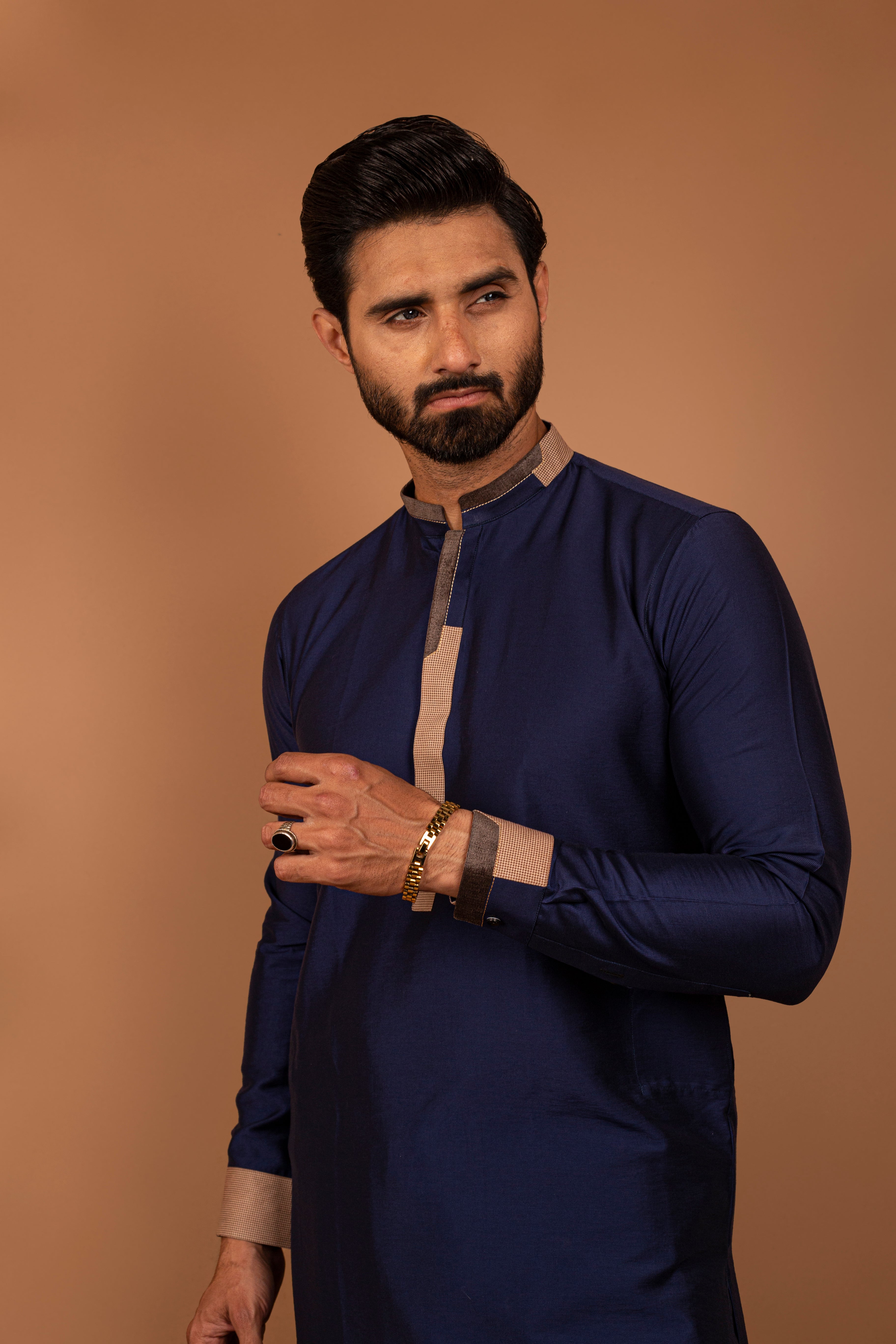 Navy Blue Contrast Cotton-Silk Shalwar Kameez (2-Piece) - Image 2