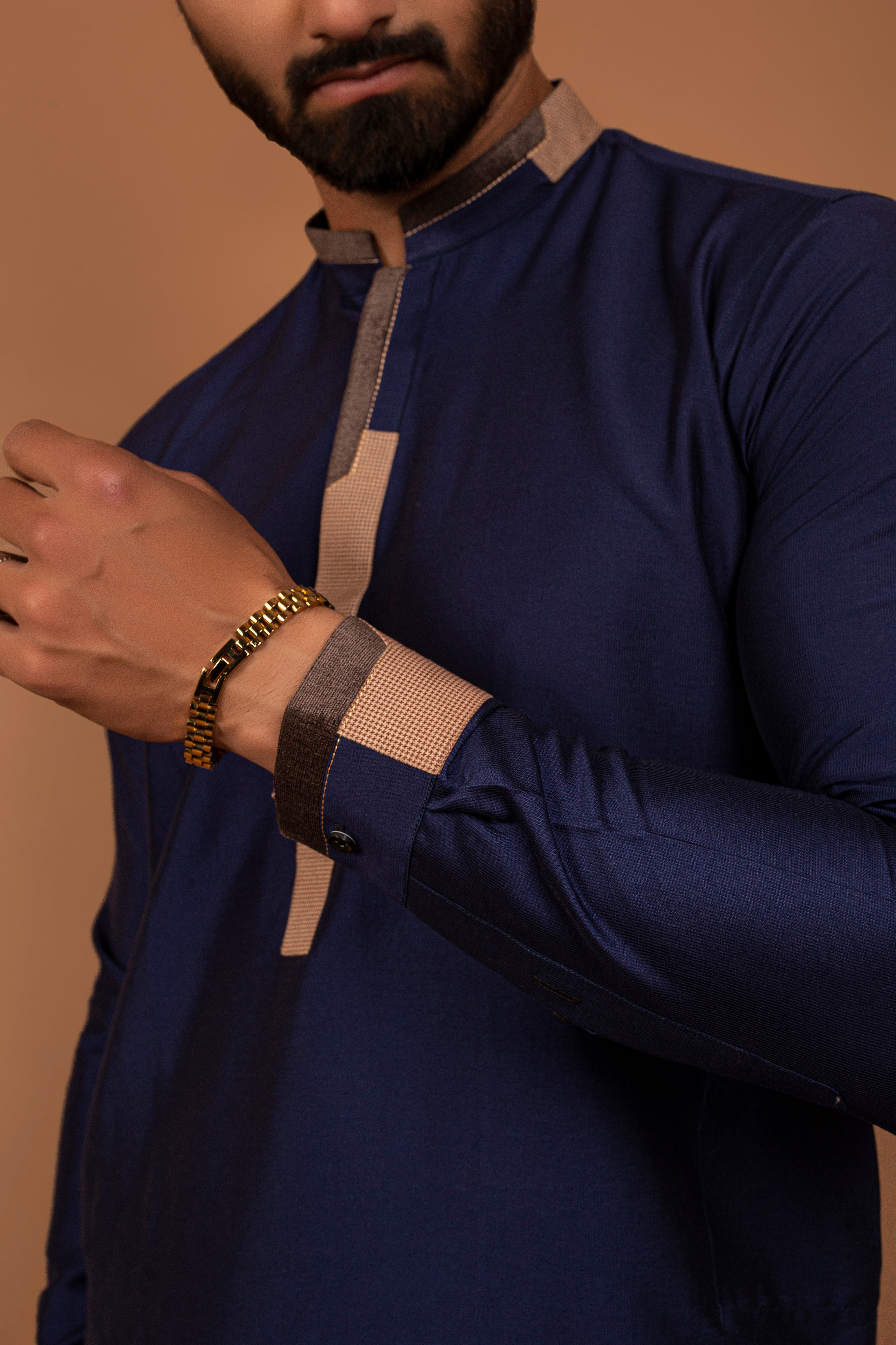 Navy Blue Contrast Cotton-Silk Shalwar Kameez (2-Piece) - Image 3