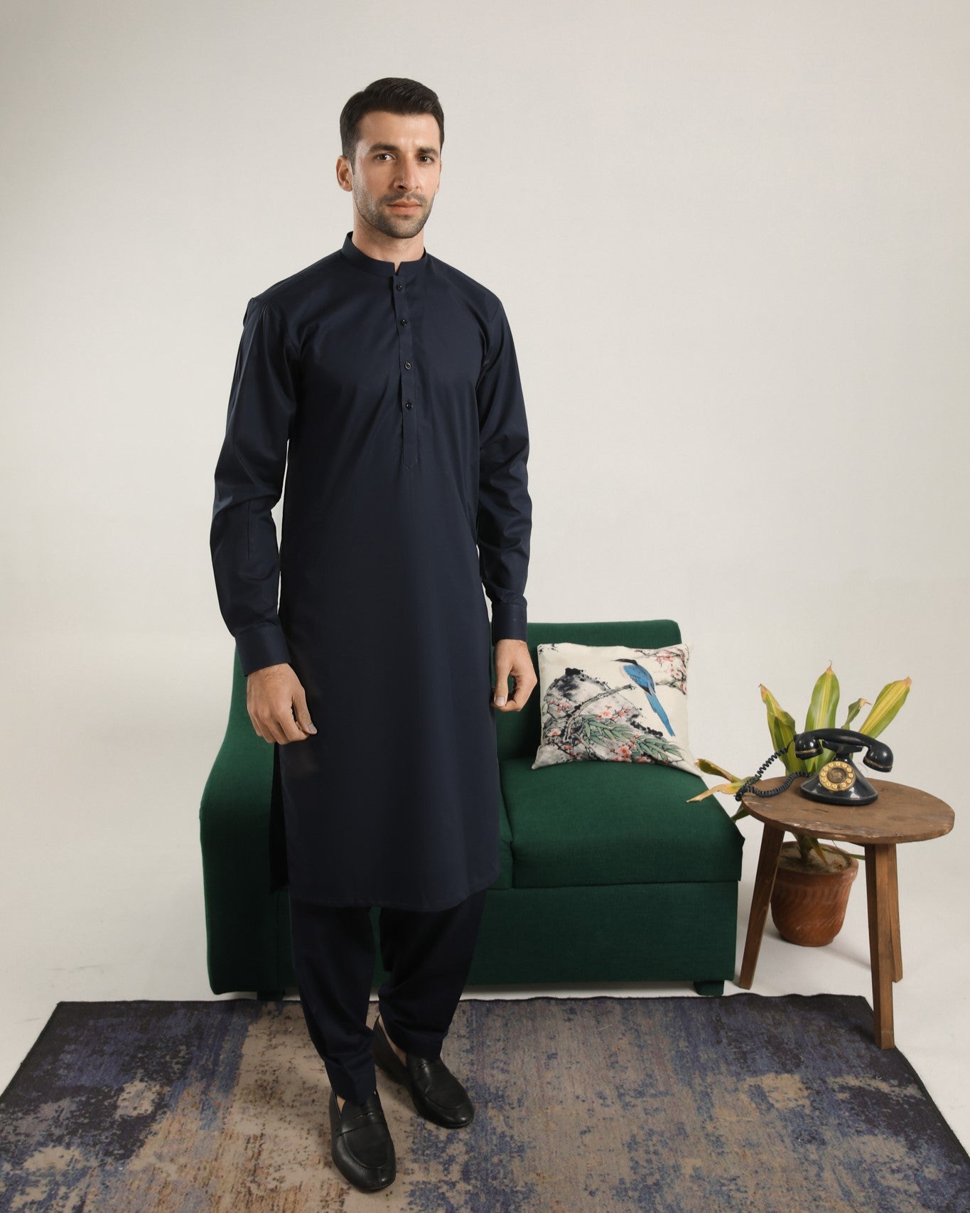 Dark Navy Blue Cotton Kurta Shalwar Set (2-Piece) - Image 2
