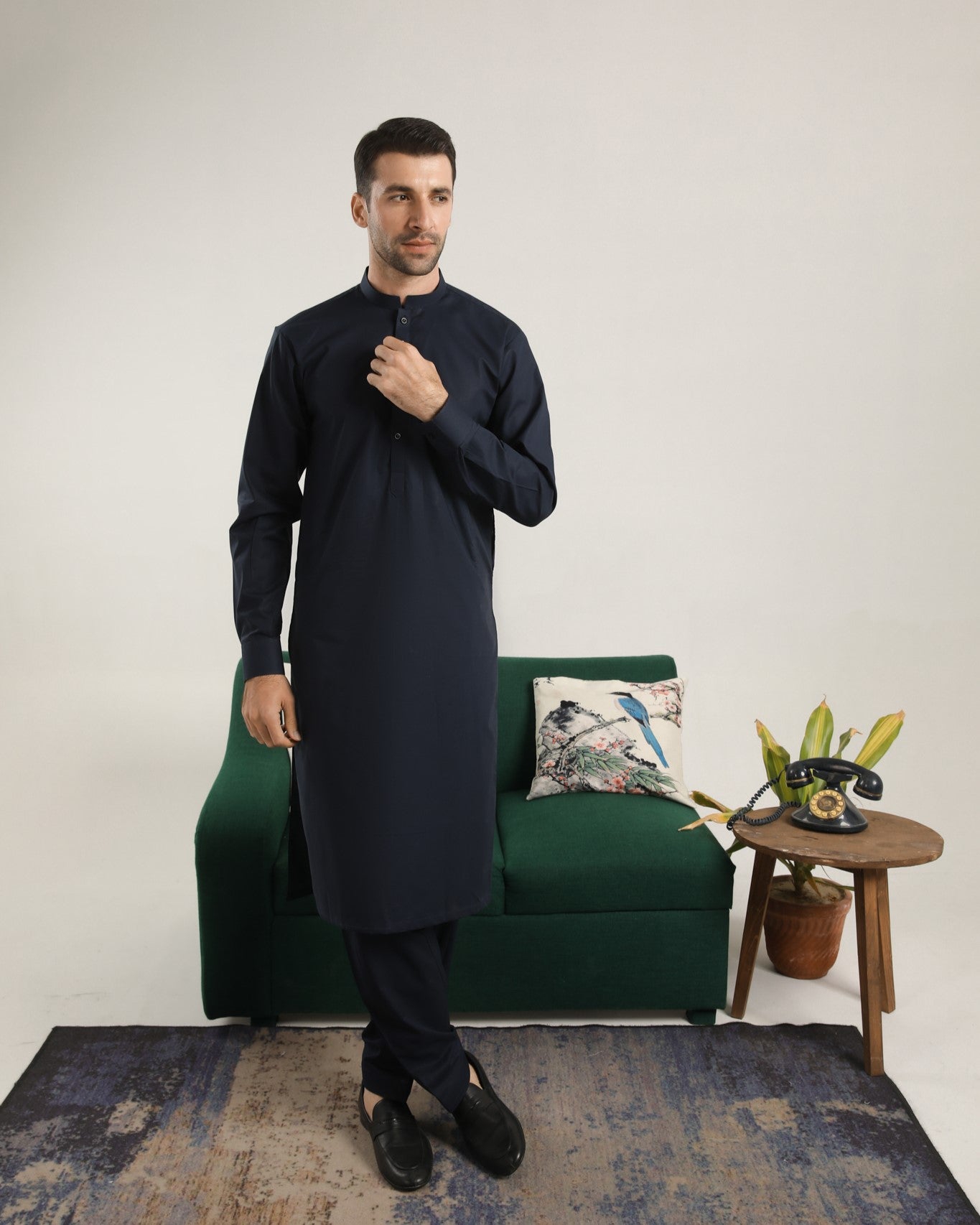 Dark Navy Blue Cotton Kurta Shalwar Set (2-Piece) - Image 4