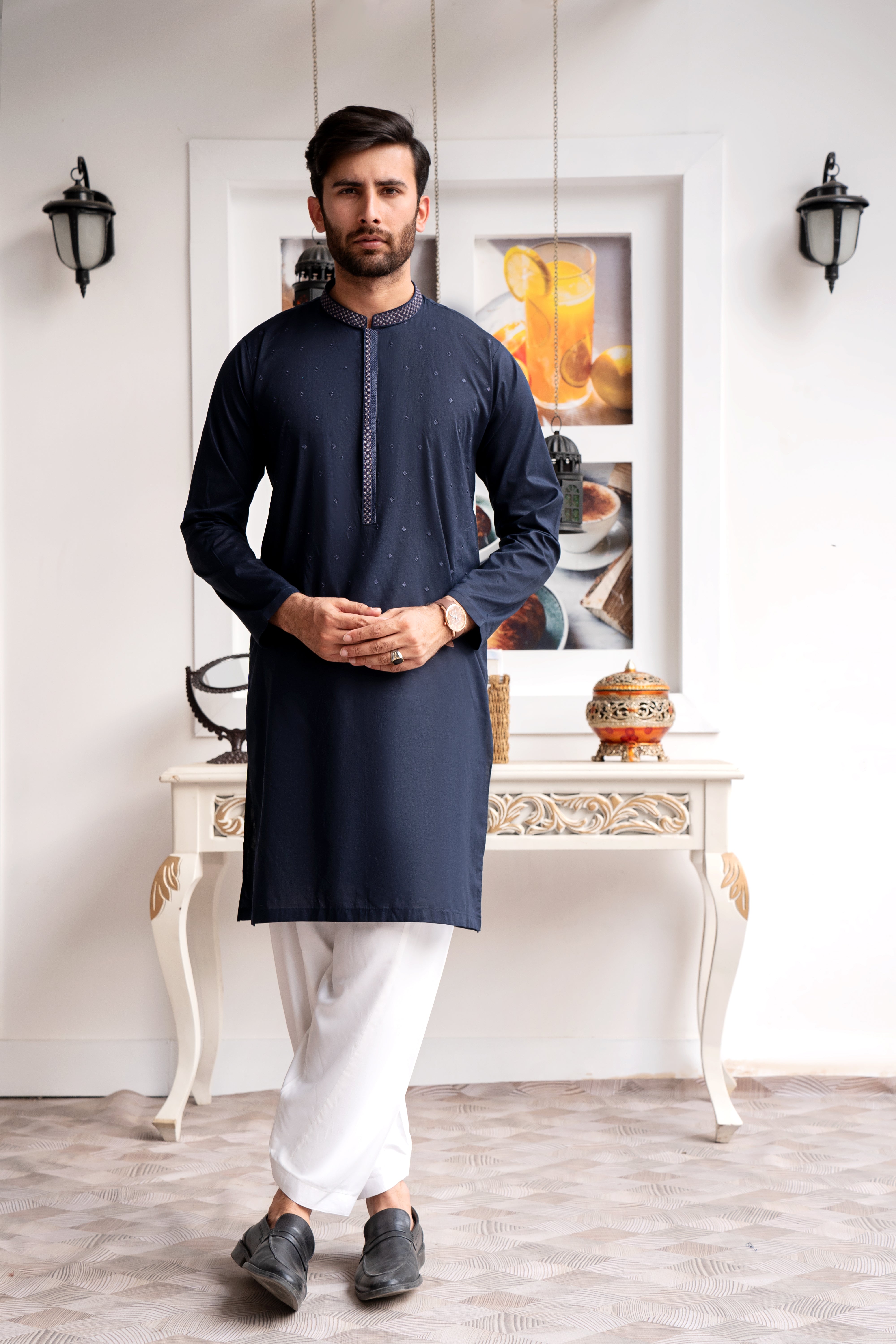 Navy Embroidered Cotton Shalwar Kameez (2-Piece) - Image 1