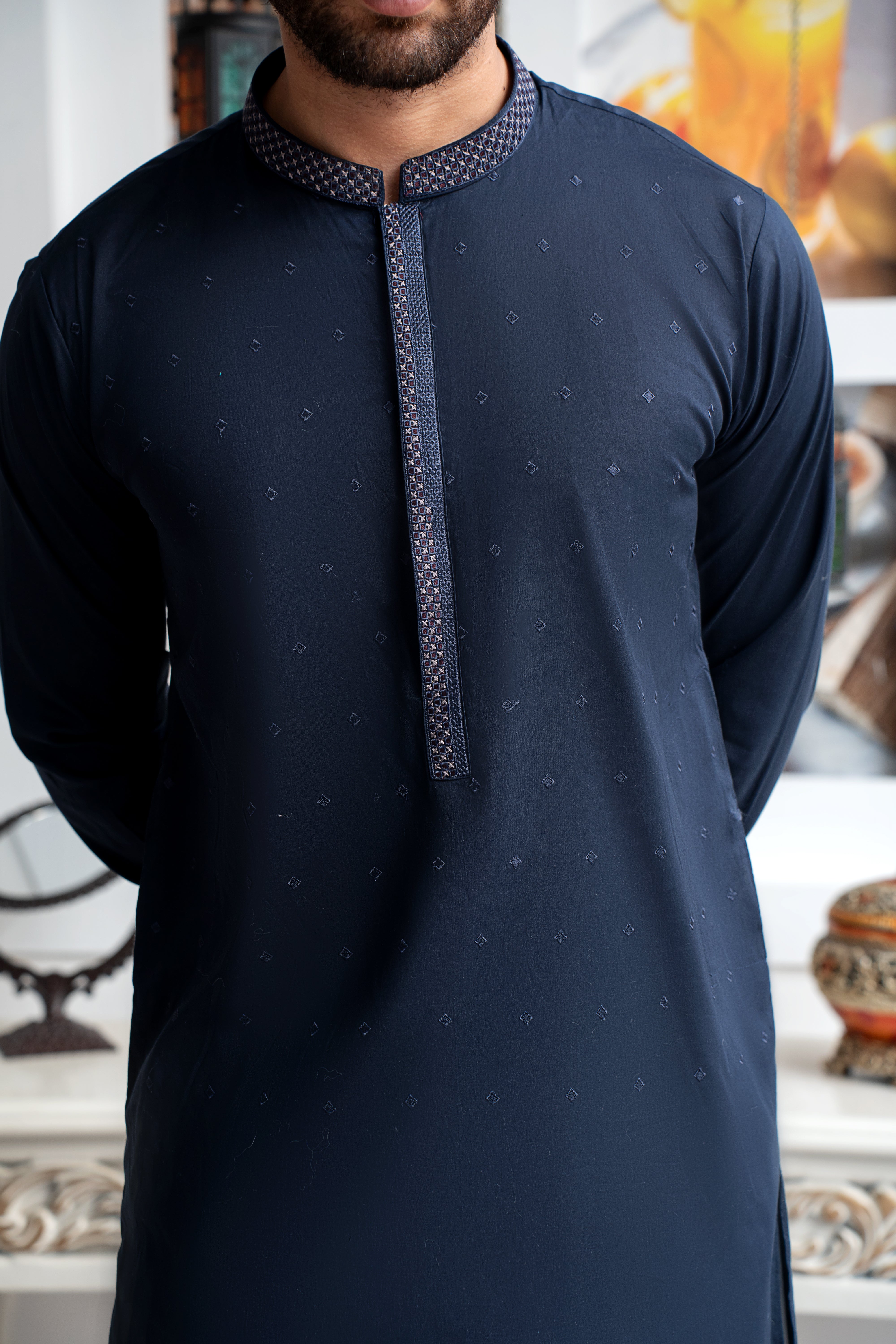Navy Embroidered Cotton Shalwar Kameez (2-Piece) - Image 2