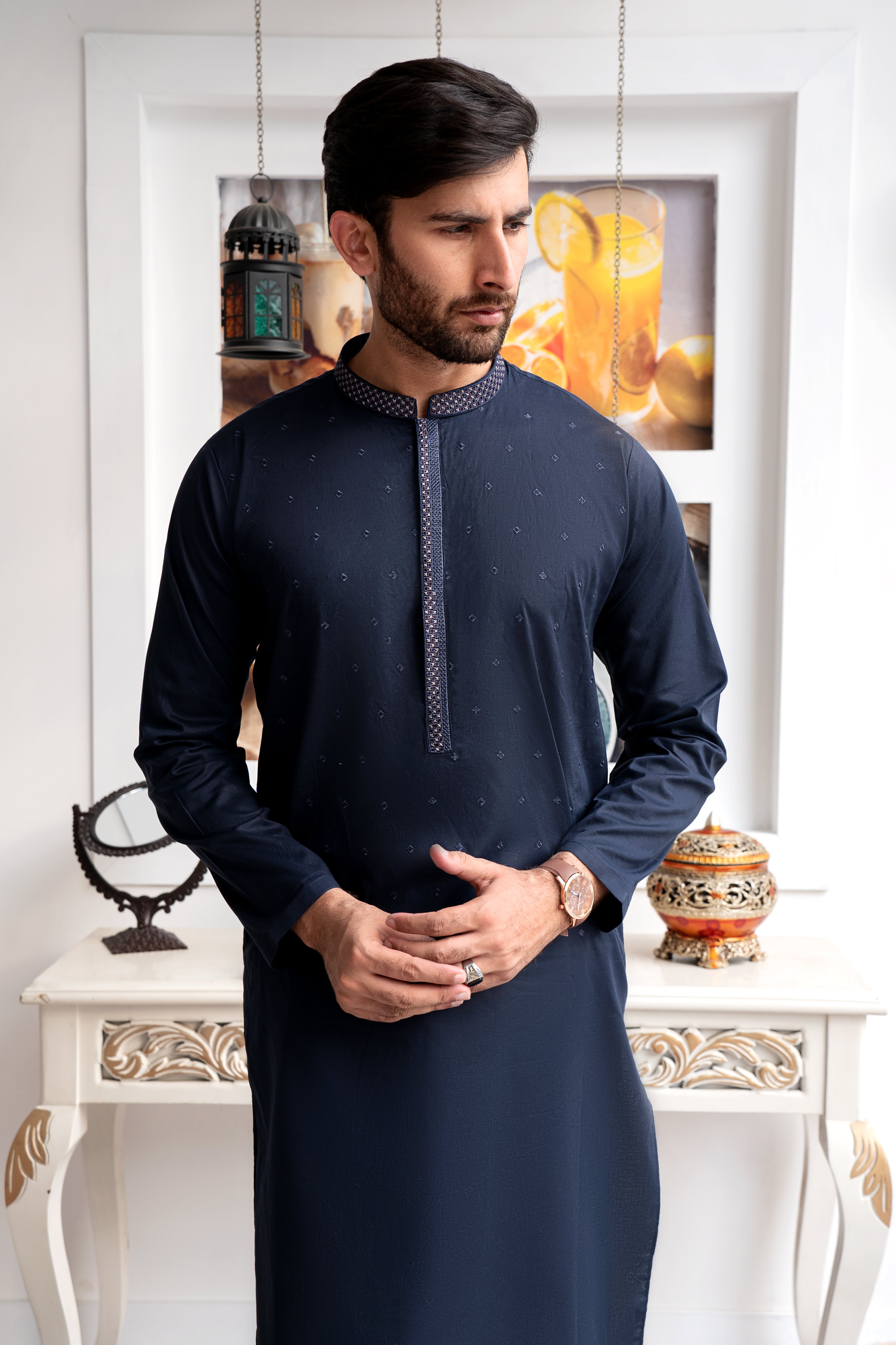 Navy Embroidered Cotton Shalwar Kameez (2-Piece) - Image 3