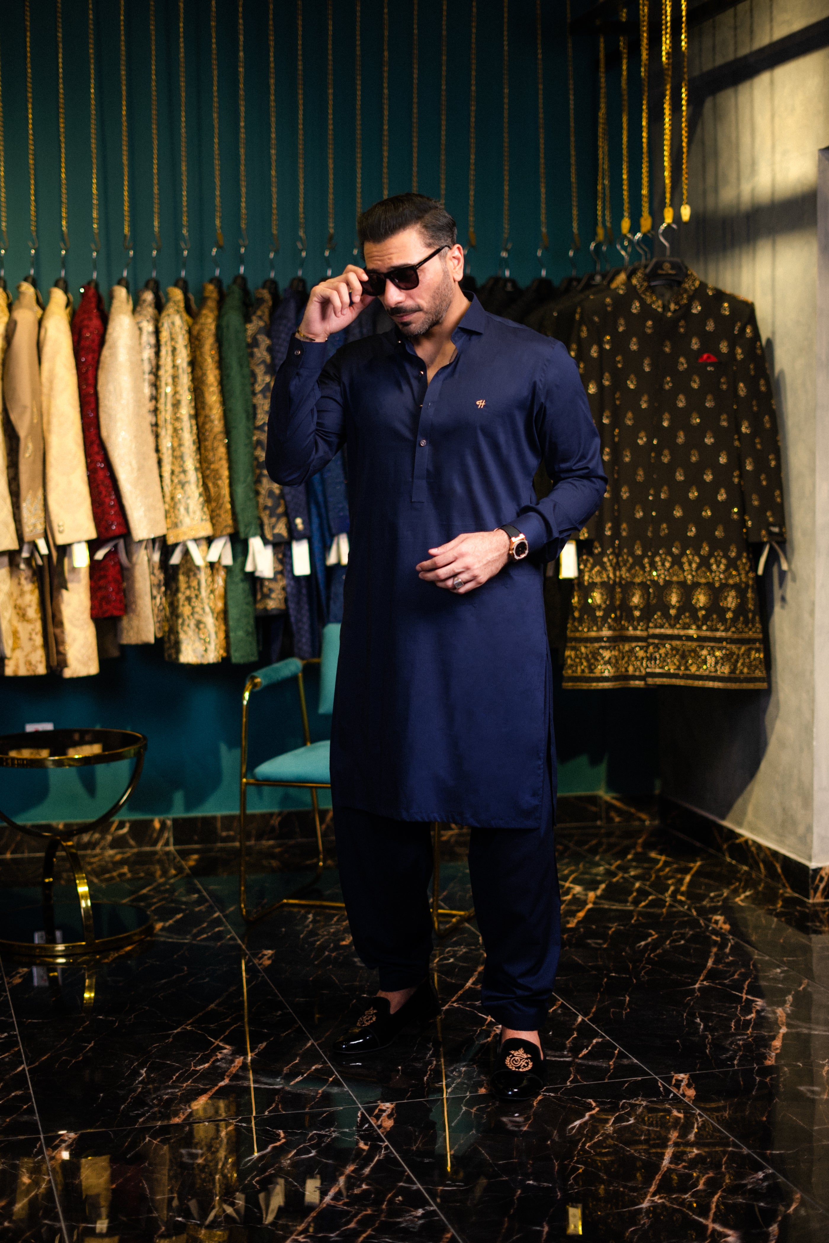 Navy Blue Embroidered Egyptian Cotton Shalwar Kameez (2-Piece) - Image 2