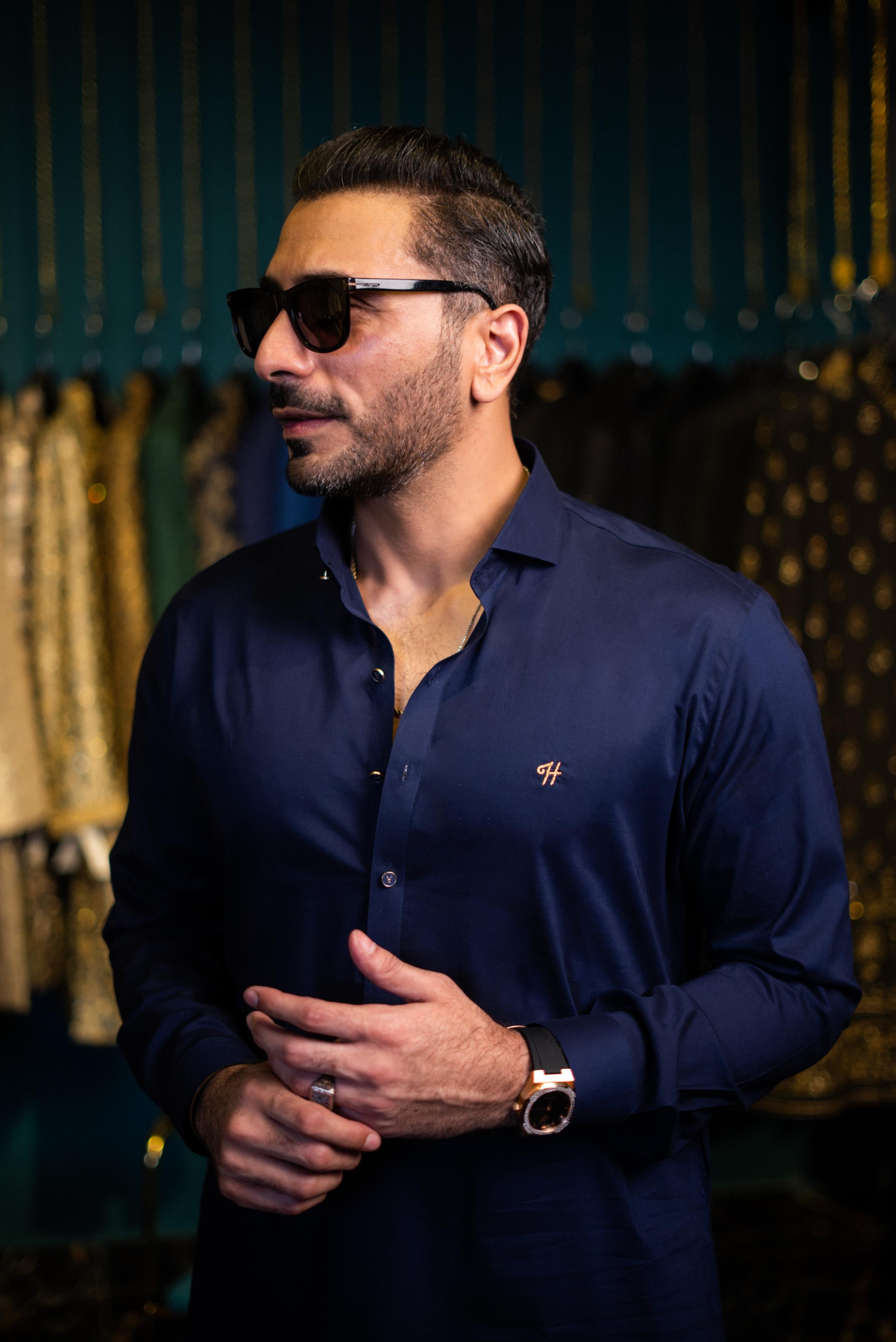 Navy Blue Embroidered Egyptian Cotton Shalwar Kameez (2-Piece) - Image 3