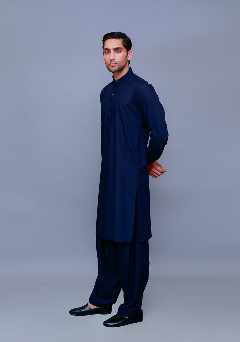 Navy Poly Viscose Slim Fit Shalwar Kameez (2-Piece) - Image 1