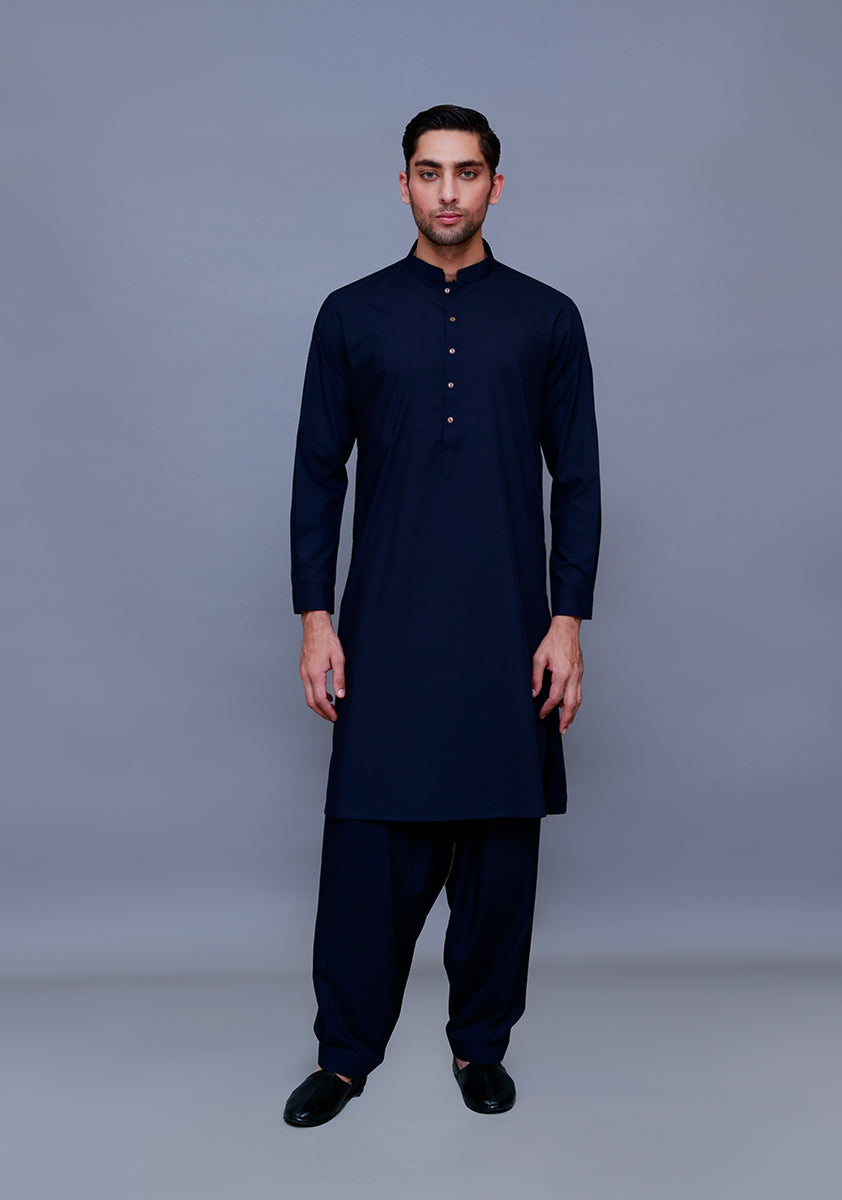 Navy Poly Viscose Slim Fit Shalwar Kameez (2-Piece) - Image 3