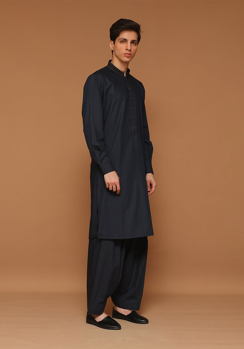 Dark Sapphire Embroidered Poly Viscose Shalwar Kameez (2-Piece) - Image 1
