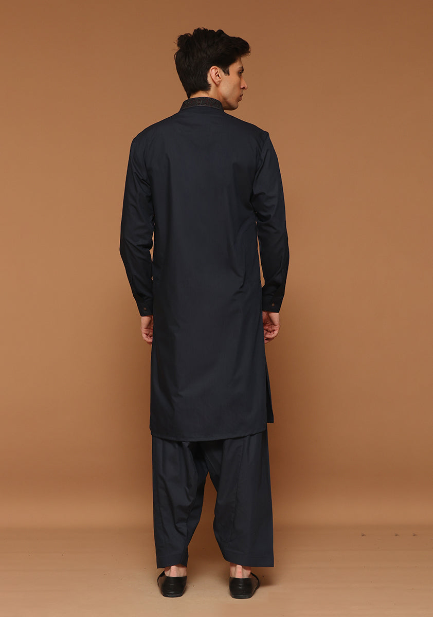 Dark Sapphire Embroidered Poly Viscose Shalwar Kameez (2-Piece) - Image 2