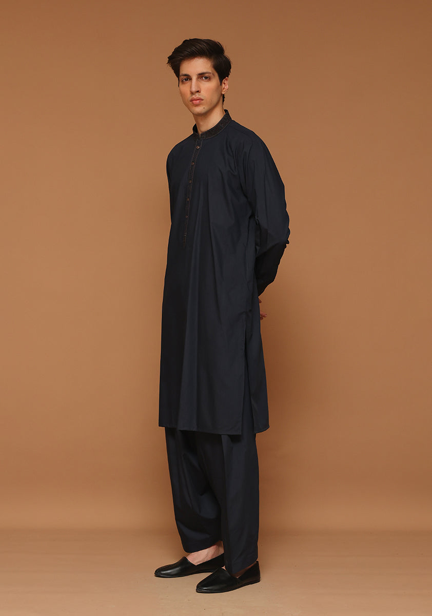 Dark Sapphire Embroidered Poly Viscose Shalwar Kameez (2-Piece) - Image 4