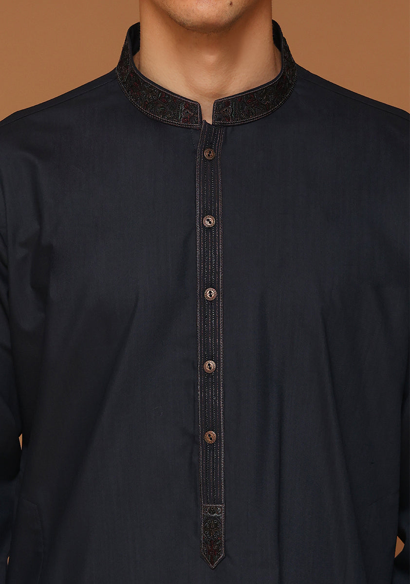 Dark Sapphire Embroidered Poly Viscose Shalwar Kameez (2-Piece) - Image 5