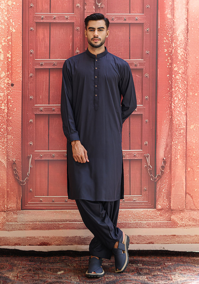 Navy Poly Viscose Slim Fit Shalwar Kameez (2-Piece) - Image 1