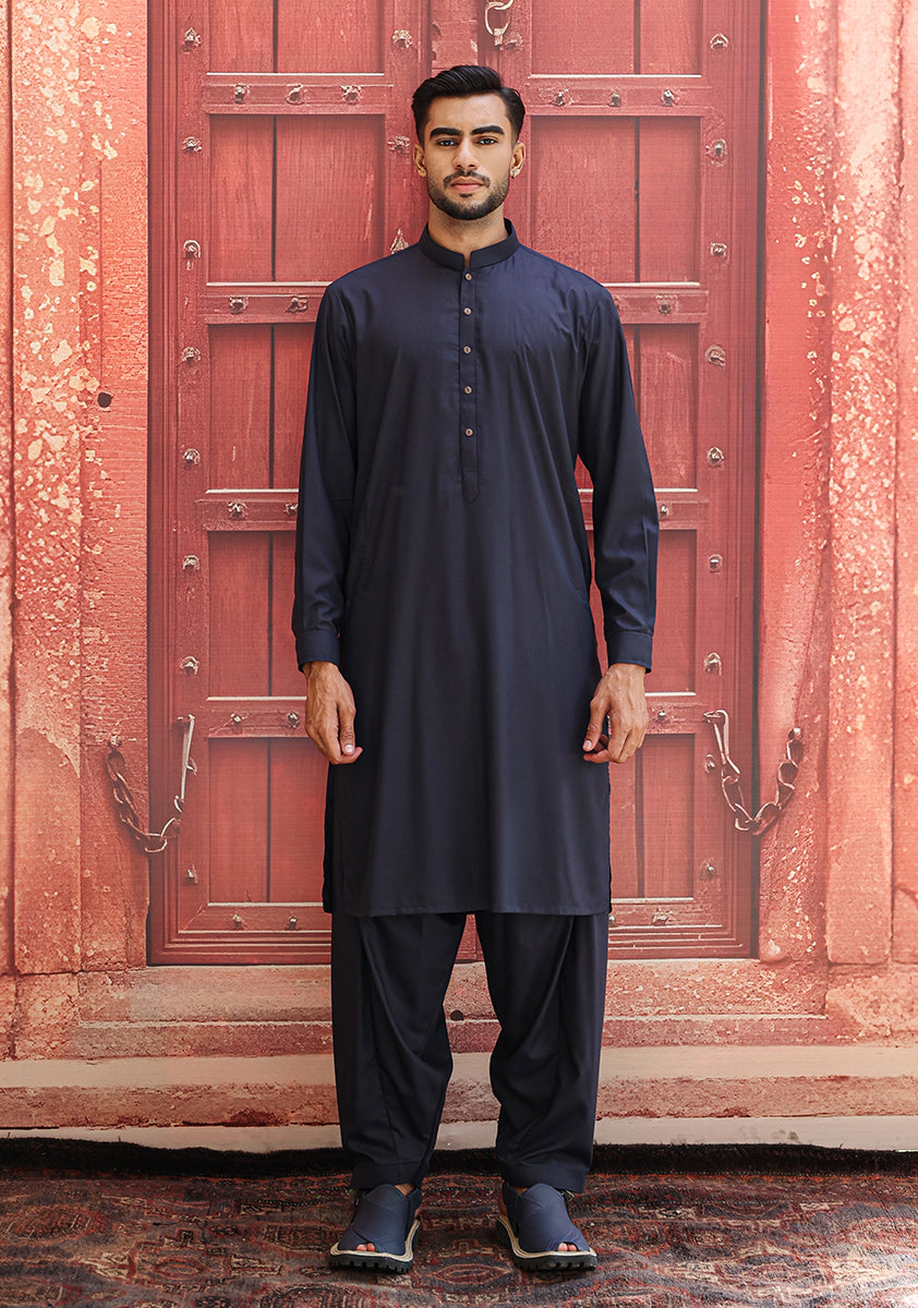 Navy Poly Viscose Slim Fit Shalwar Kameez (2-Piece) - Image 2