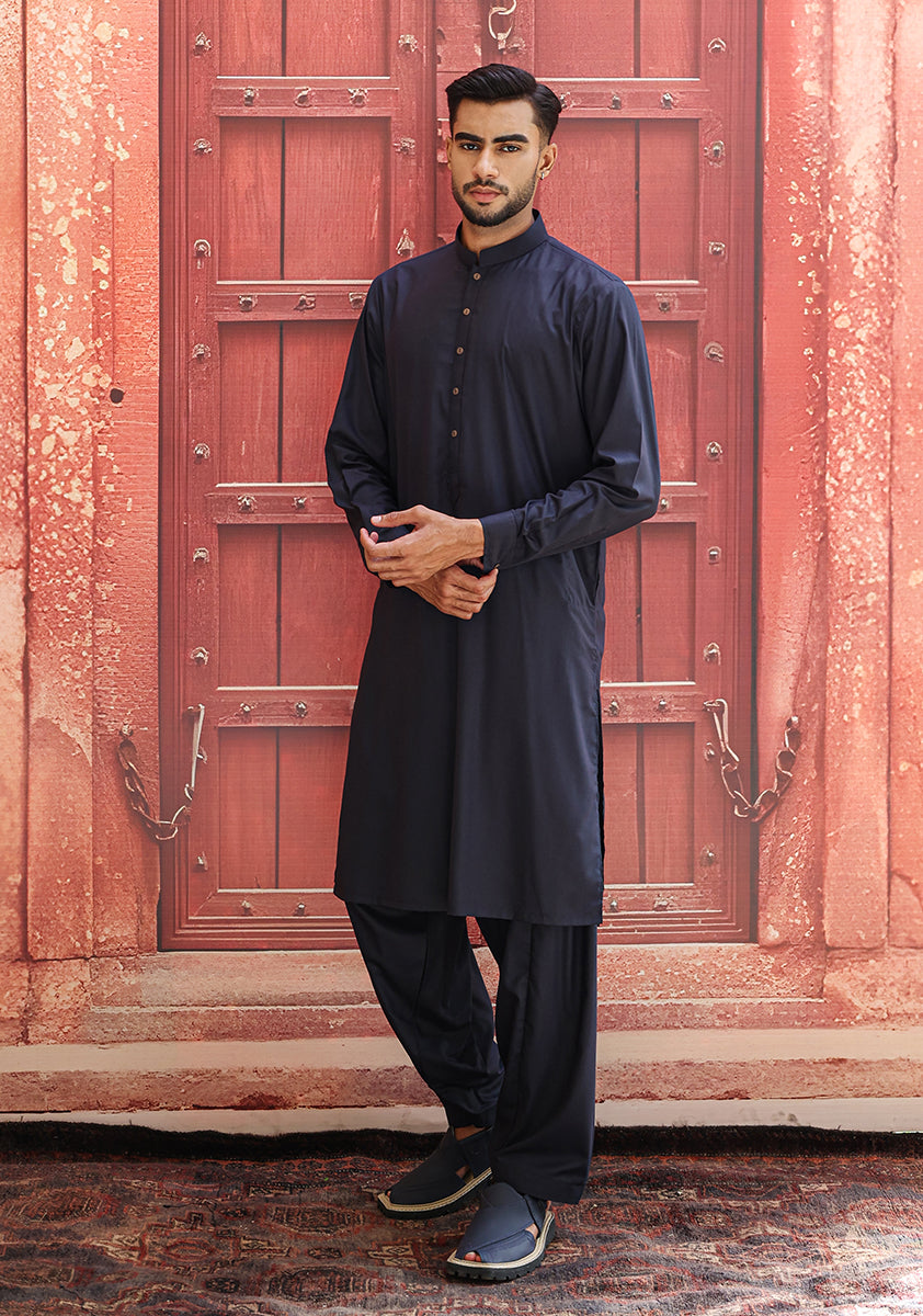 Navy Poly Viscose Slim Fit Shalwar Kameez (2-Piece) - Image 3