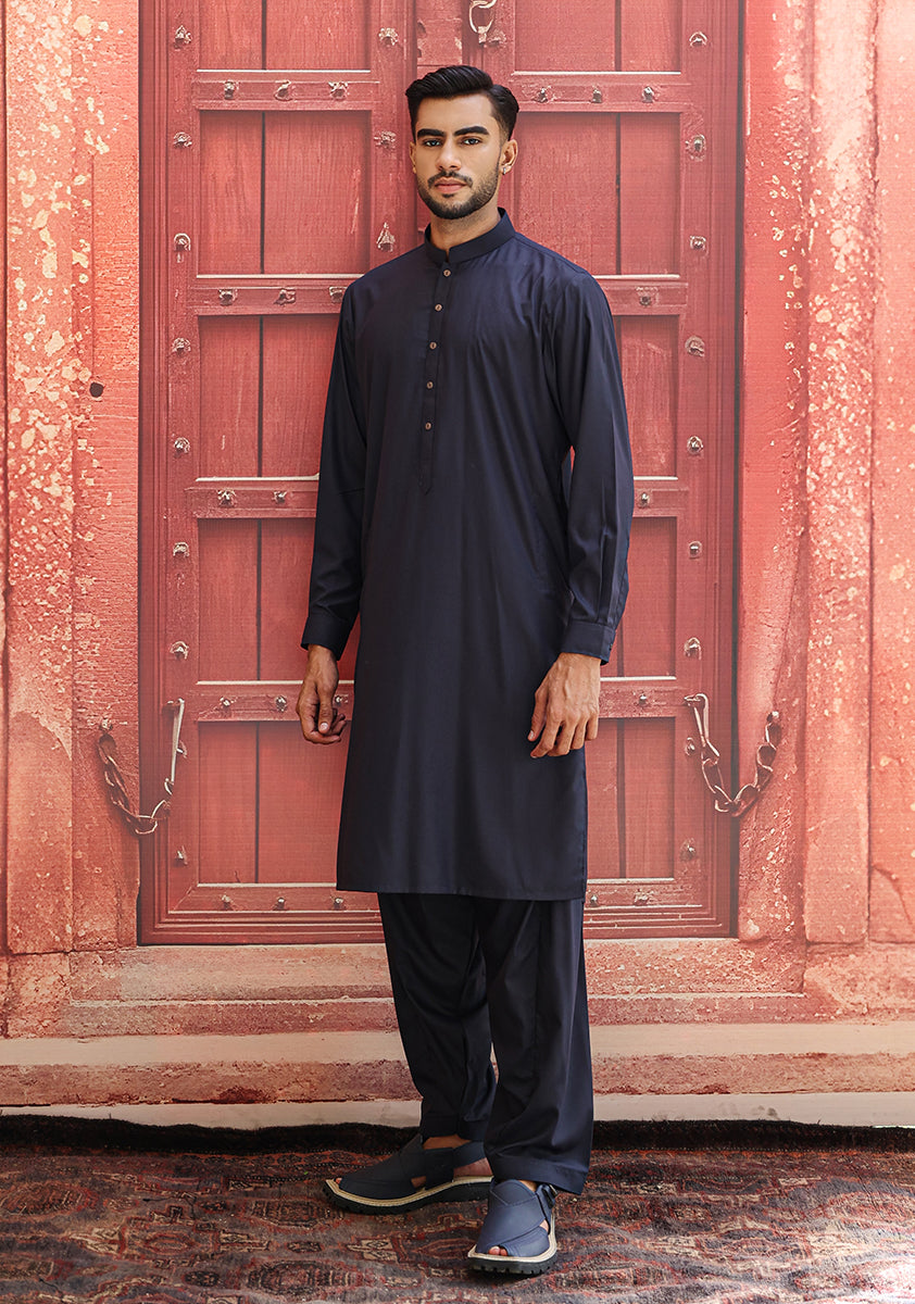 Navy Poly Viscose Slim Fit Shalwar Kameez (2-Piece) - Image 5