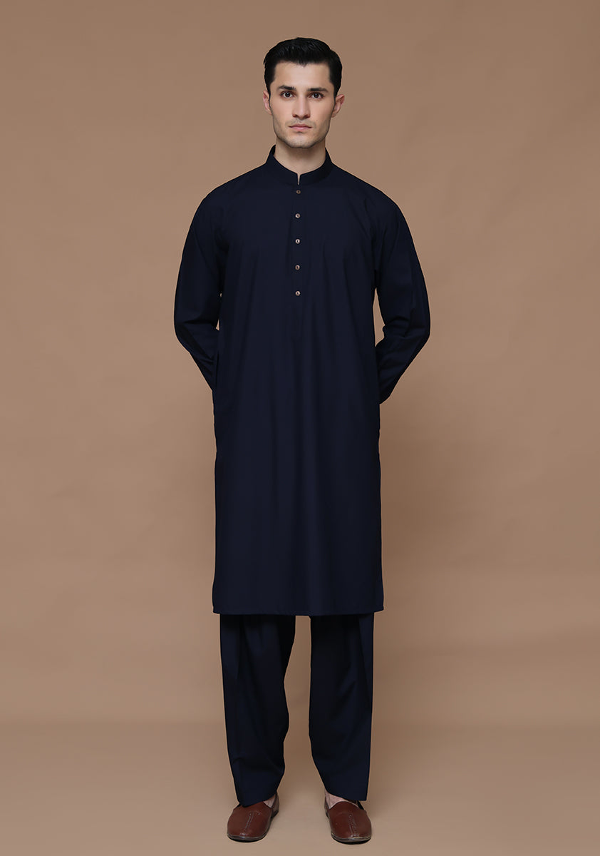 Navy Poly Viscose Classic Fit Shalwar Kameez (2-Piece) - Image 1