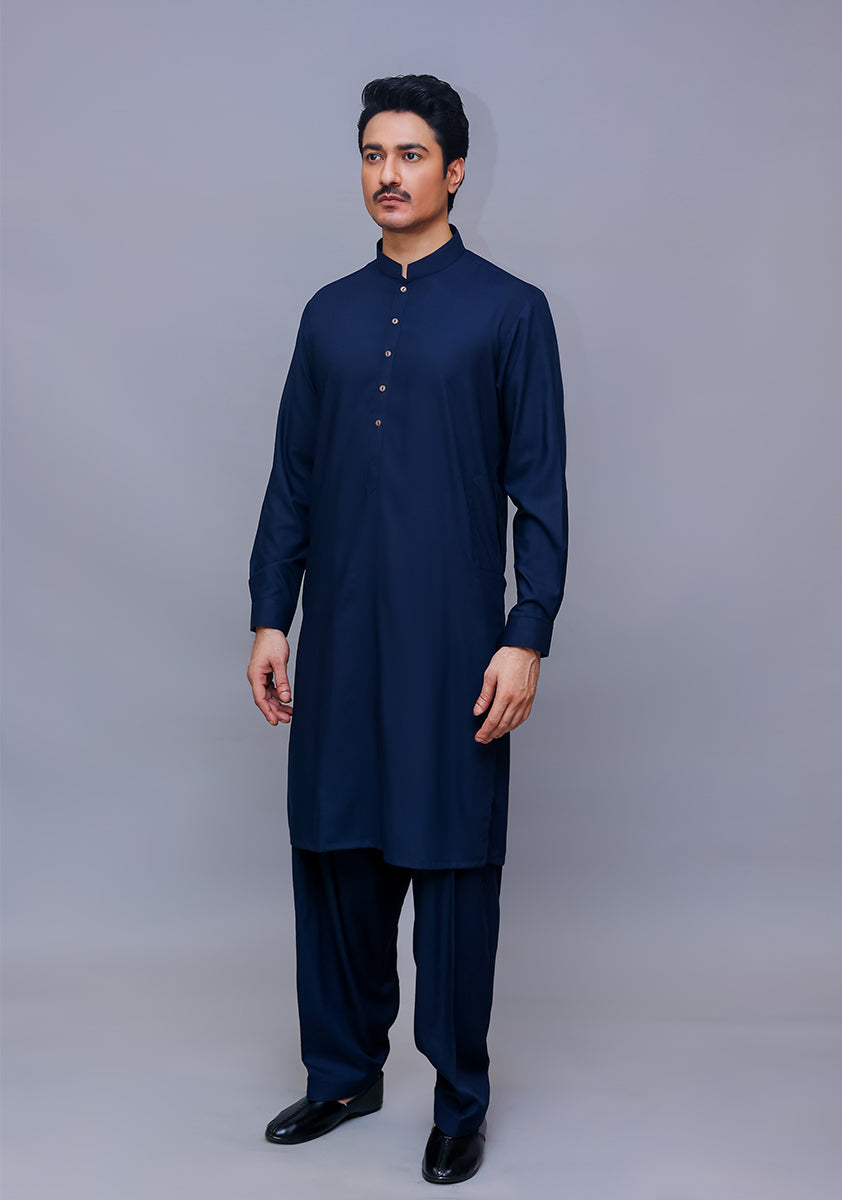 Navy Poly Viscose Slim Fit Shalwar Kameez (2-Piece) - Image 1