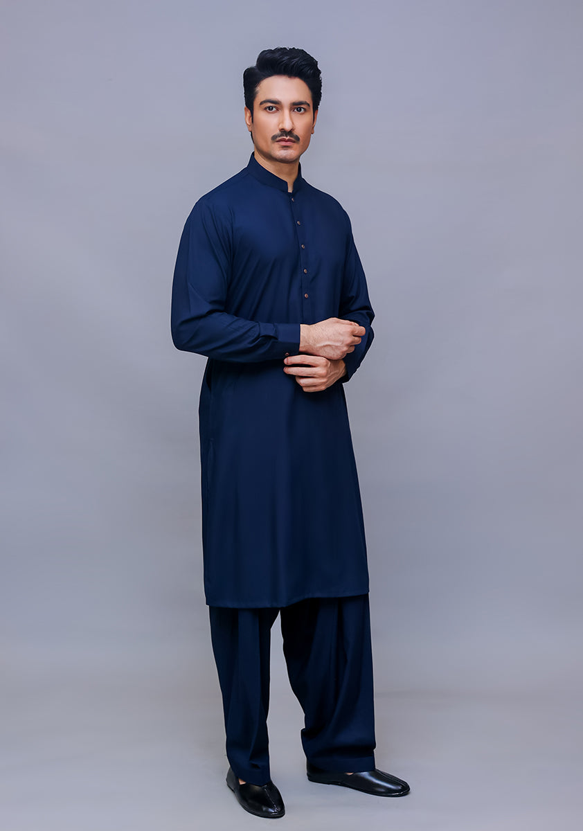 Navy Poly Viscose Slim Fit Shalwar Kameez (2-Piece) - Image 2