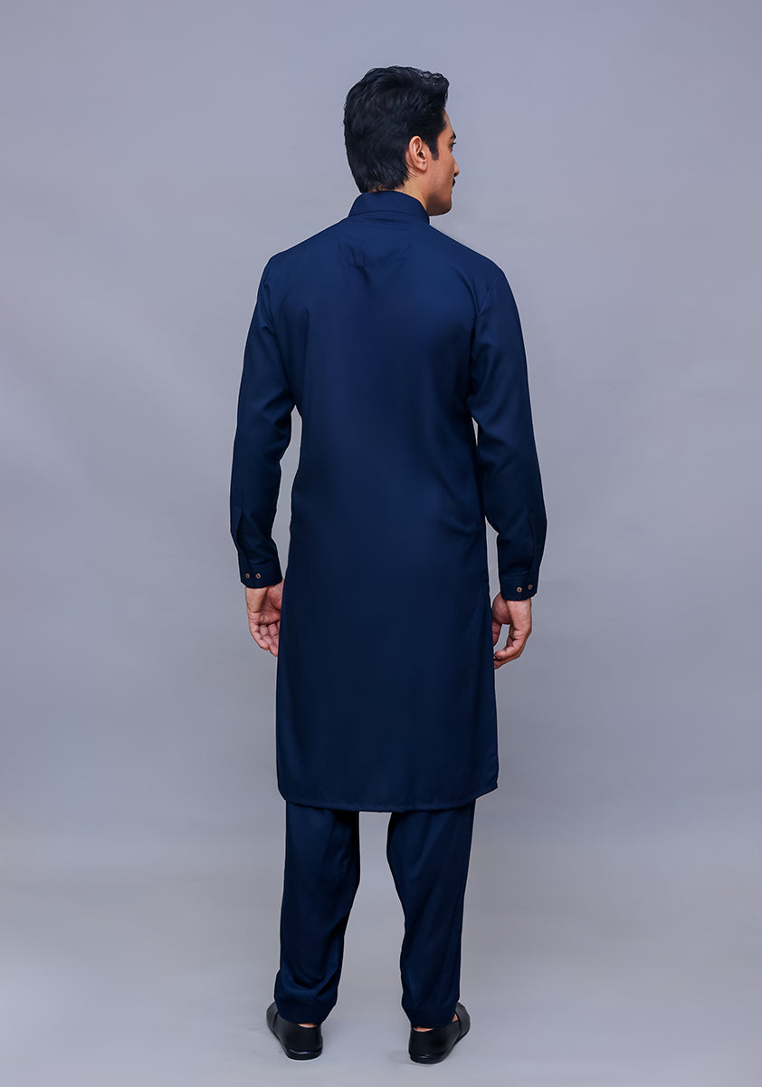 Navy Poly Viscose Slim Fit Shalwar Kameez (2-Piece) - Image 3