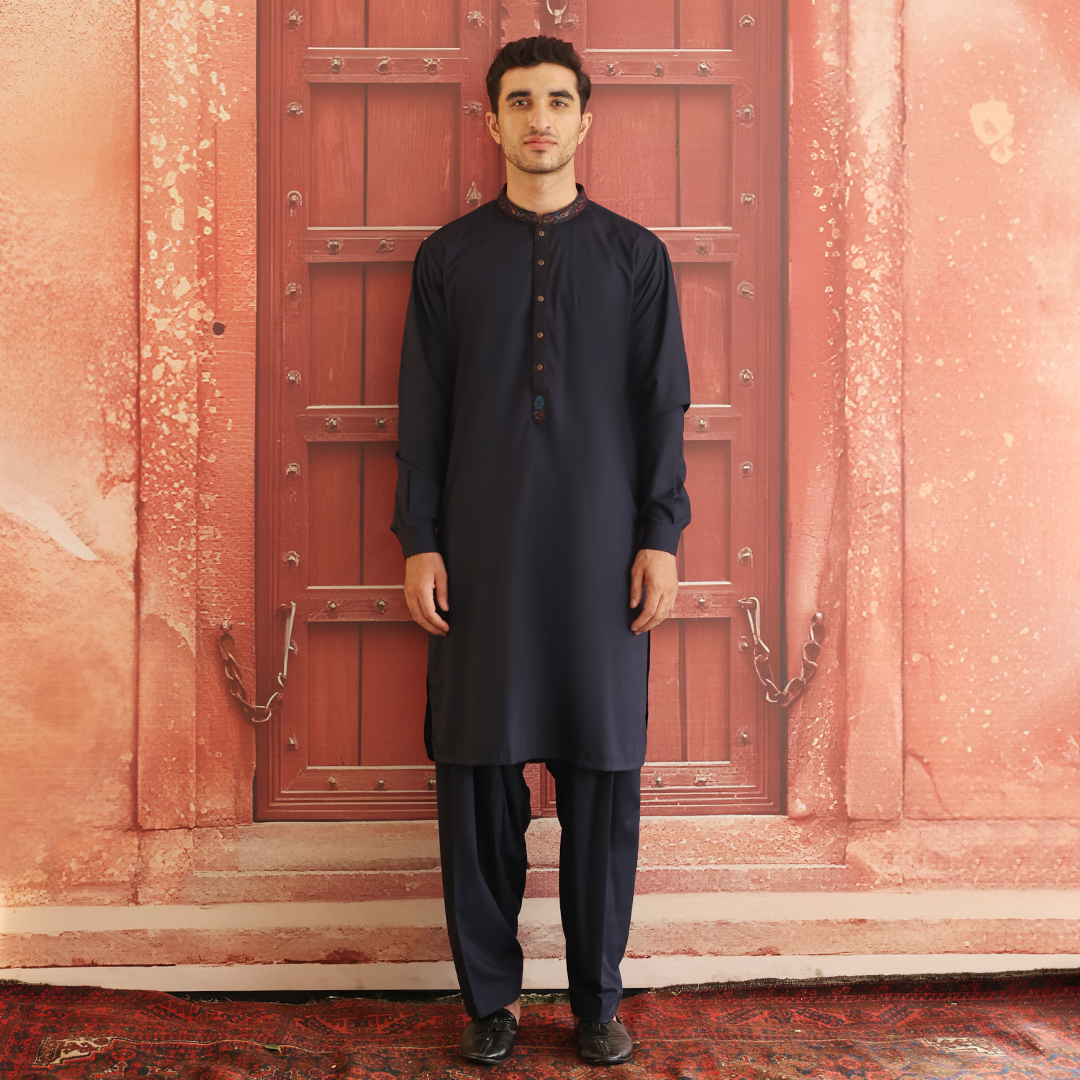 Navy Blue Embroidered Poly Viscose Shalwar Kameez (2-Piece) - Image 1