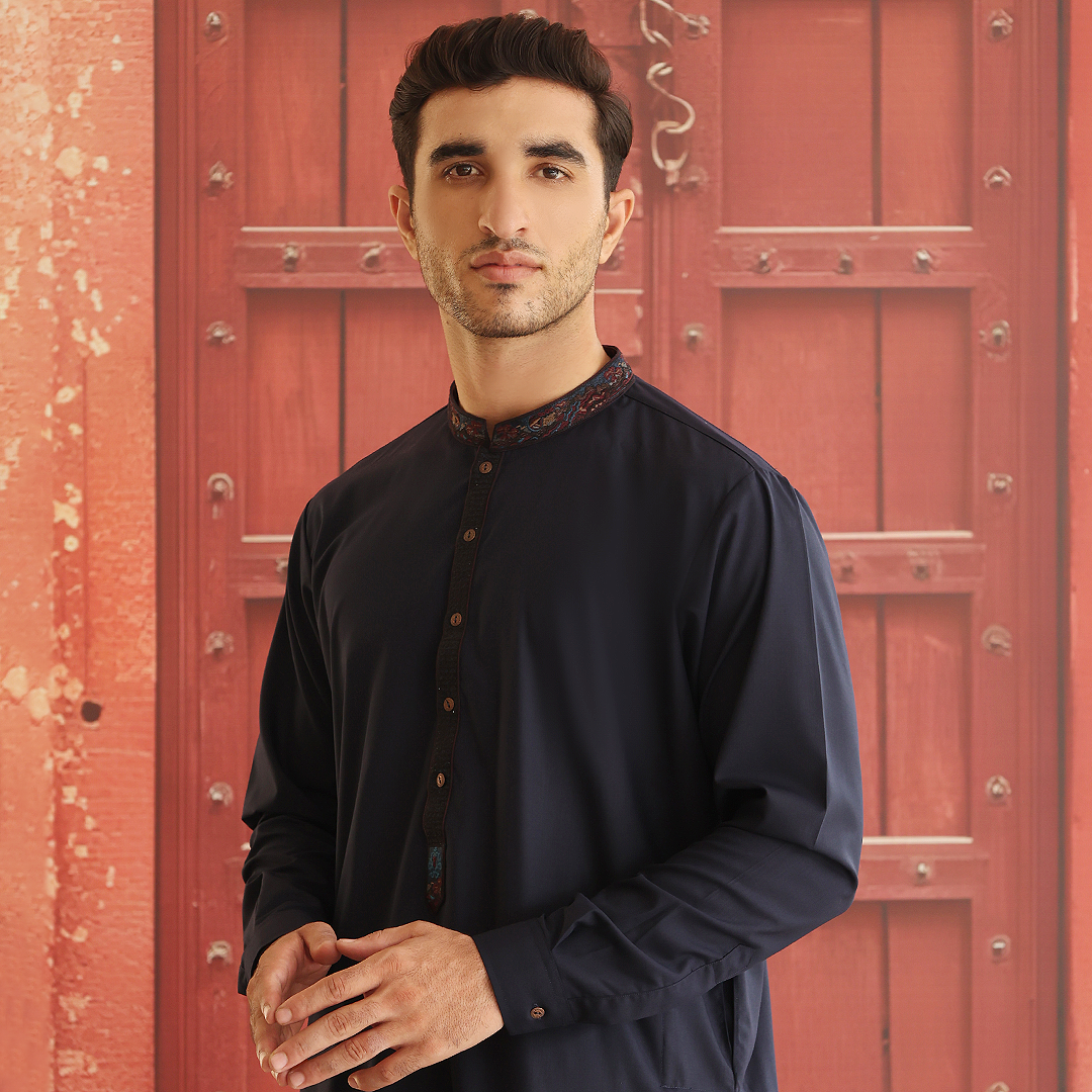 Navy Blue Embroidered Poly Viscose Shalwar Kameez (2-Piece) - Image 2