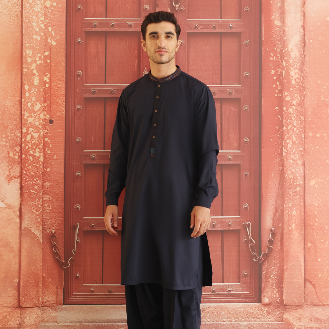 Navy Blue Embroidered Poly Viscose Shalwar Kameez (2-Piece) - Image 3